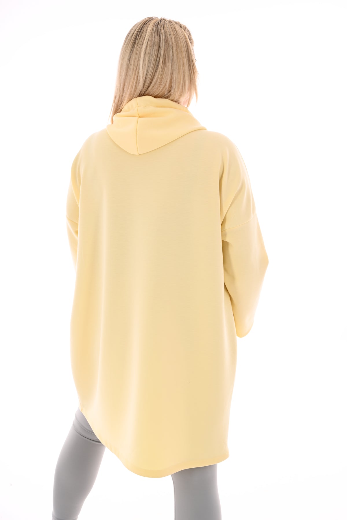 Lange sweater met chapuchon lichtgeel