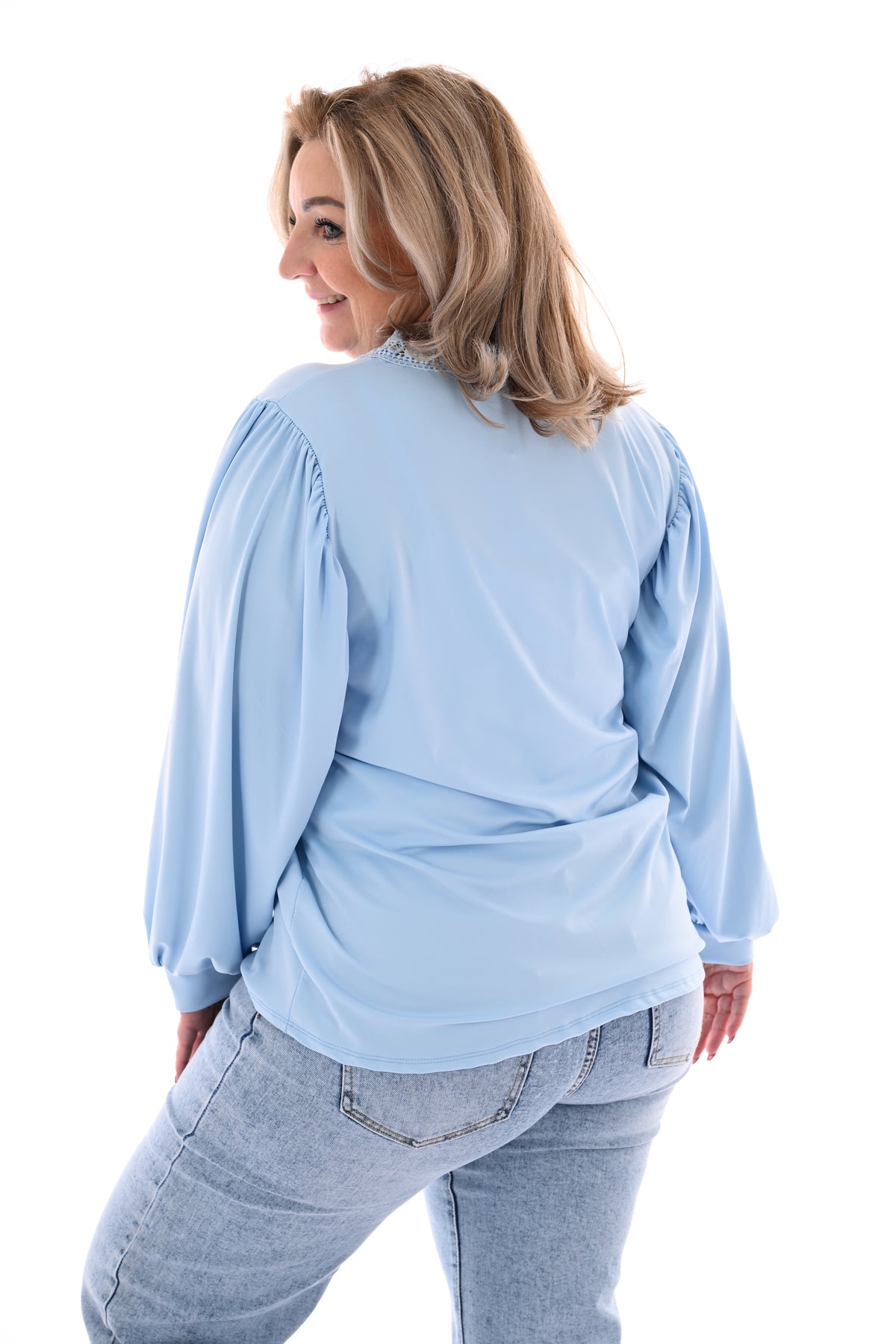 Top lange mouwen kanten v-hals lichtblauw