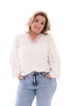 Top lange mouwen kanten v-hals roomwit