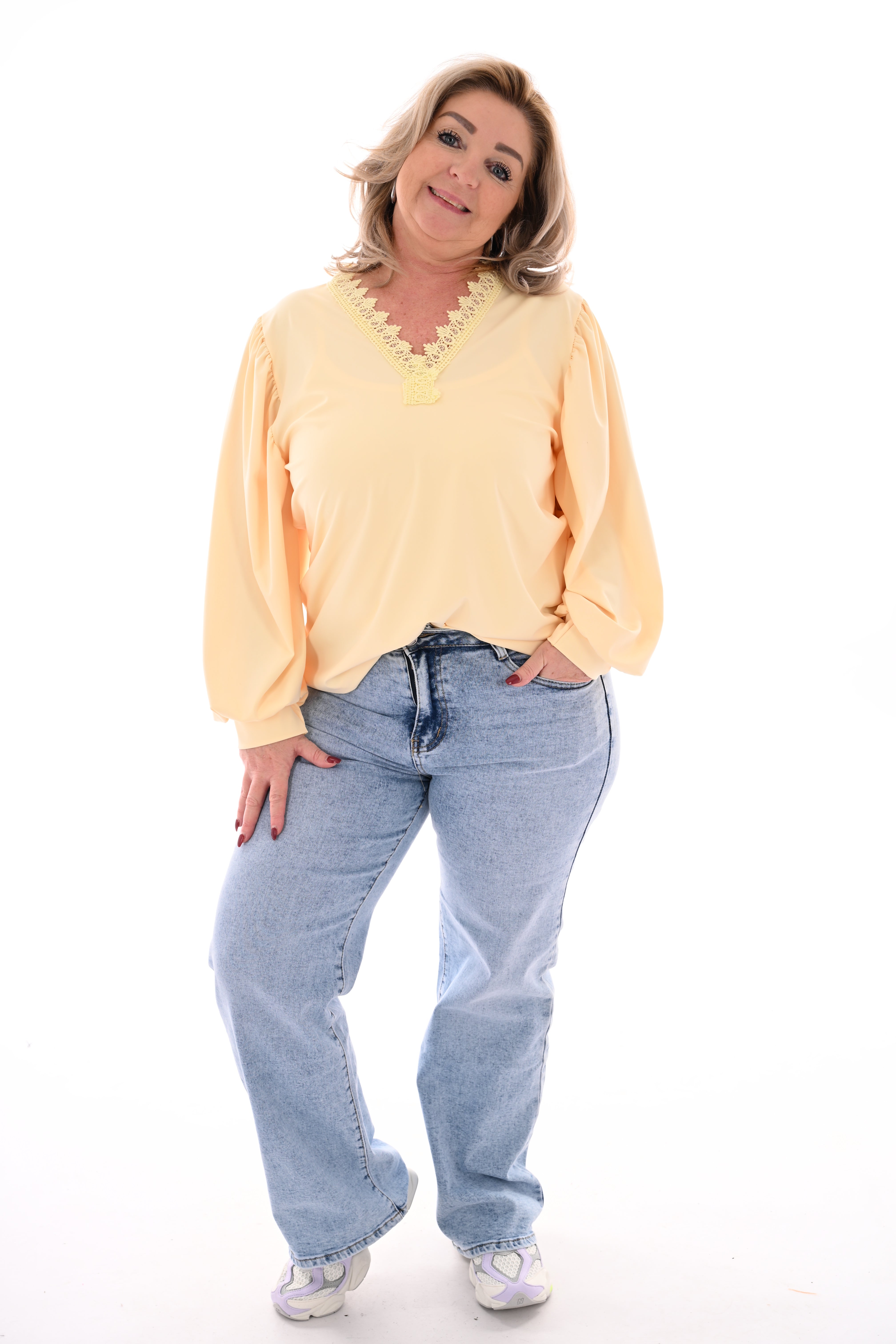 Top lange mouwen kanten v-hals lichtgeel