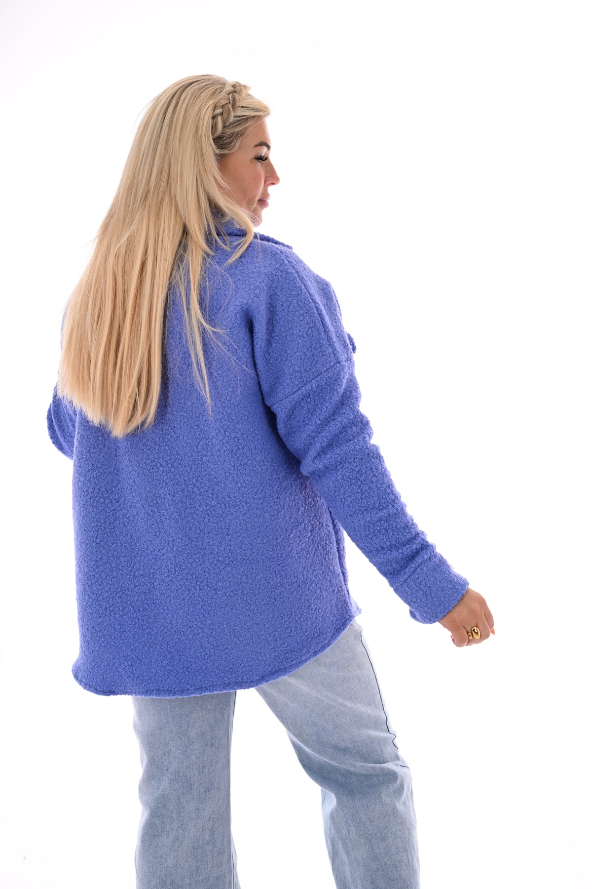 Half lang wavy boucle vest knopen lavendel