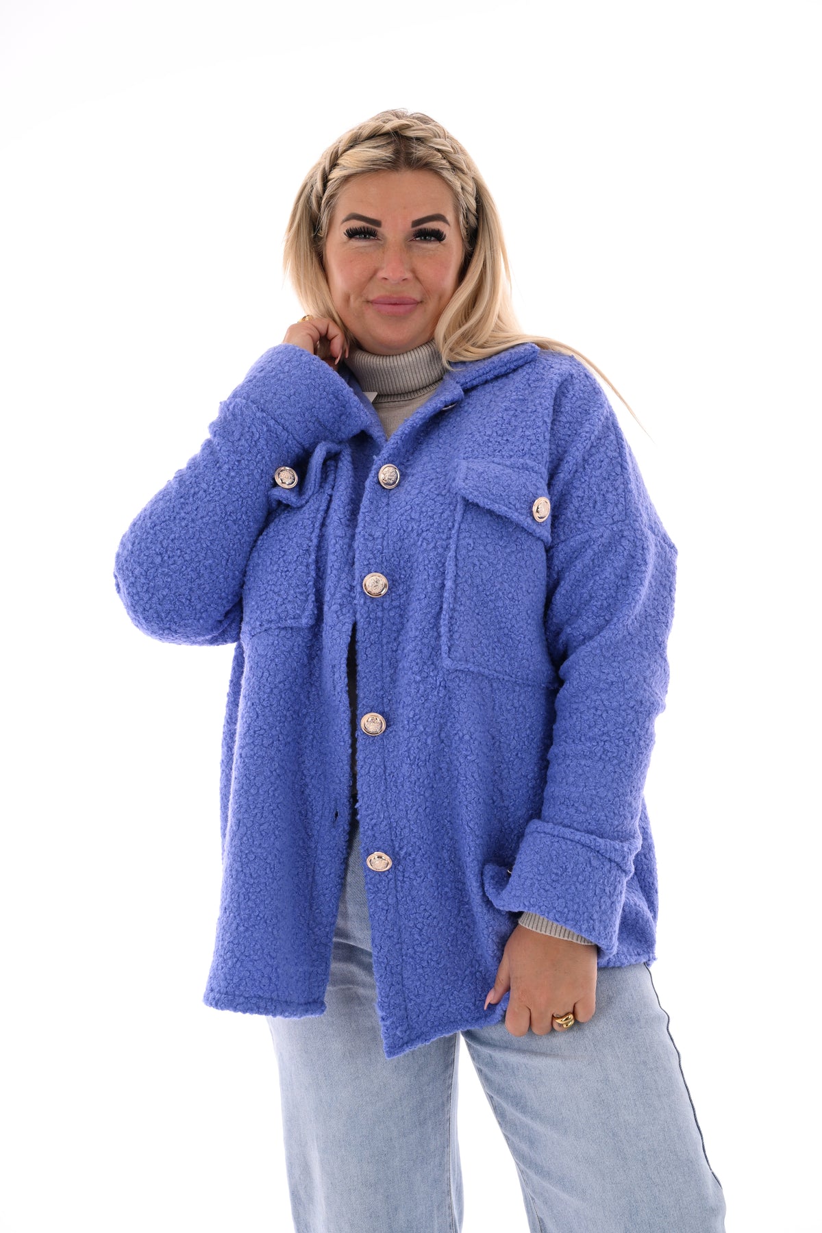 Half lang wavy boucle vest knopen lavendel