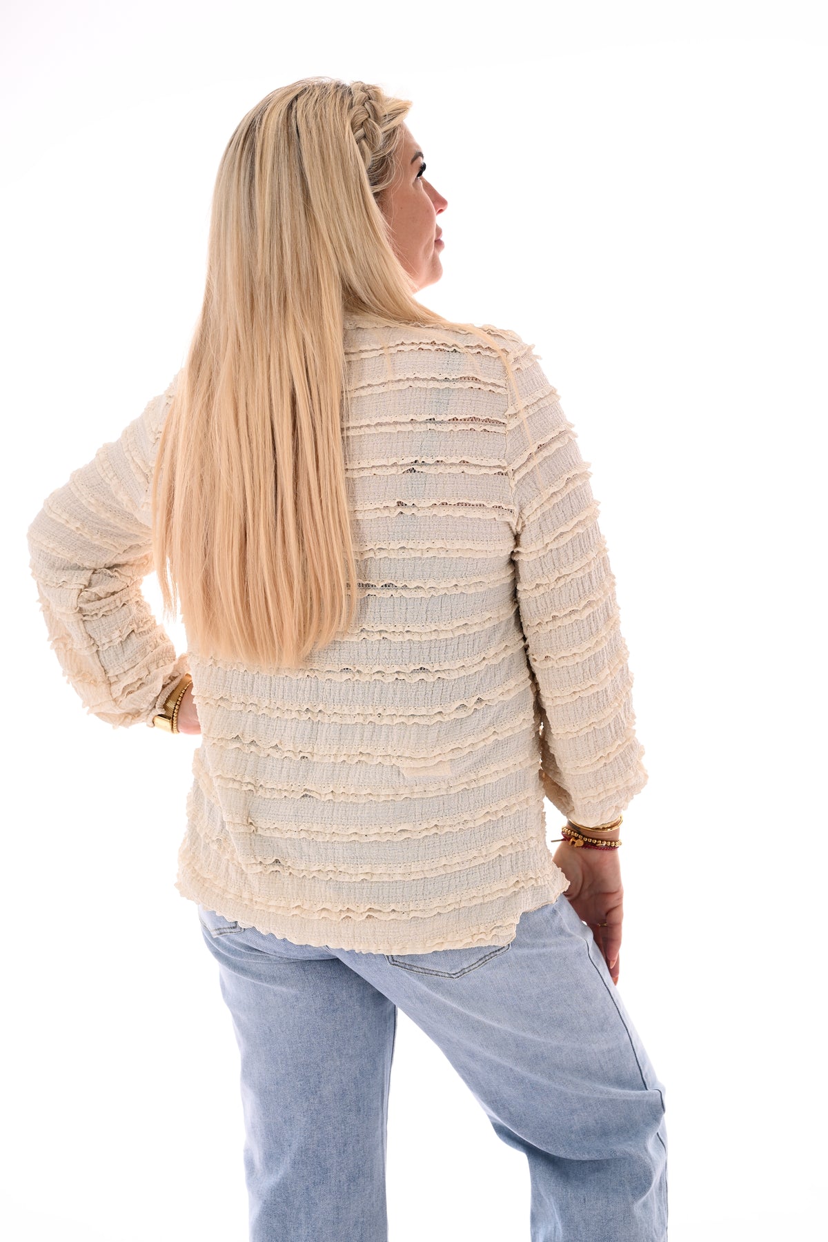 Top lange mouwen v-hals ruffels beige