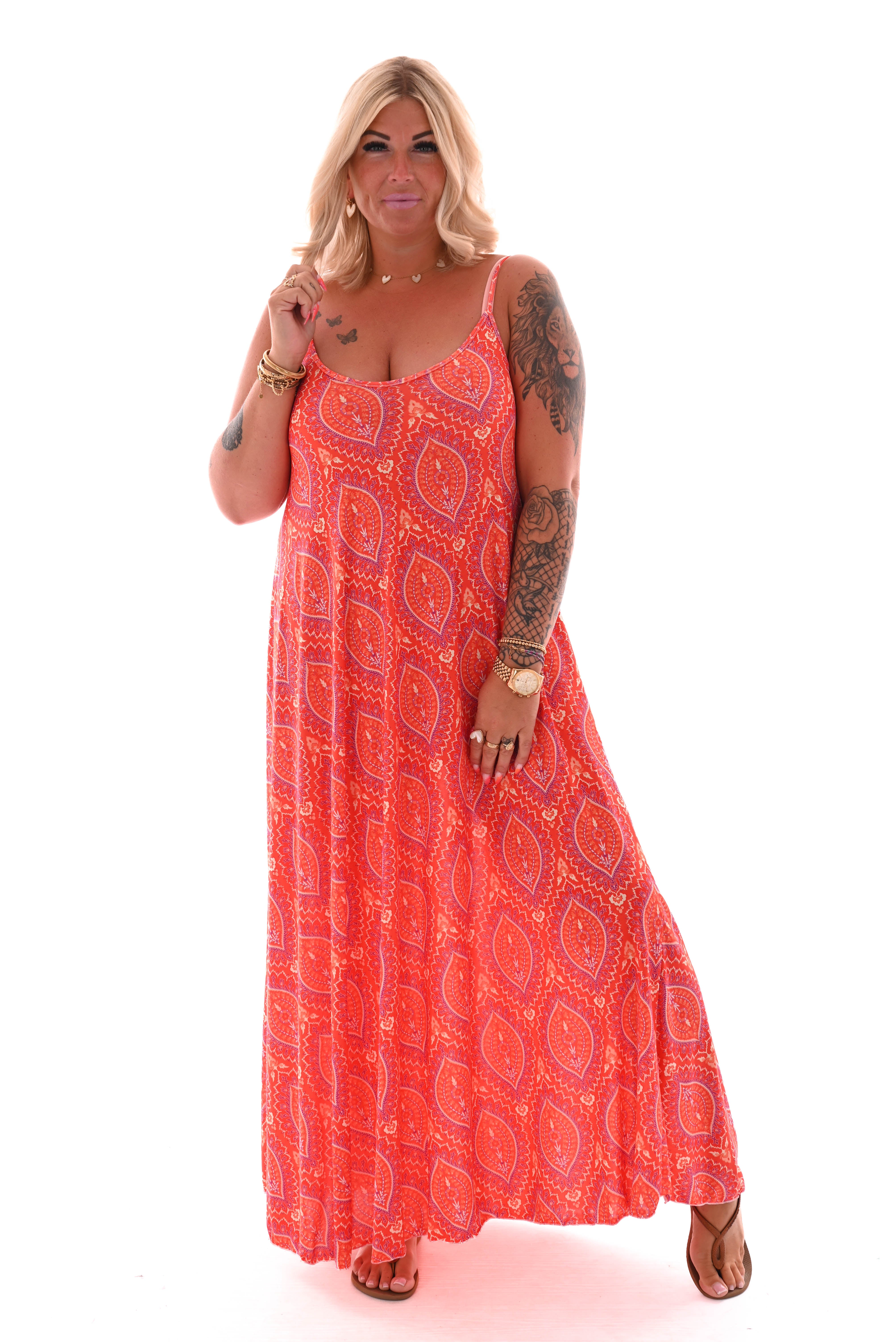 Jurk spaghetti bandjes lang paisley oranje