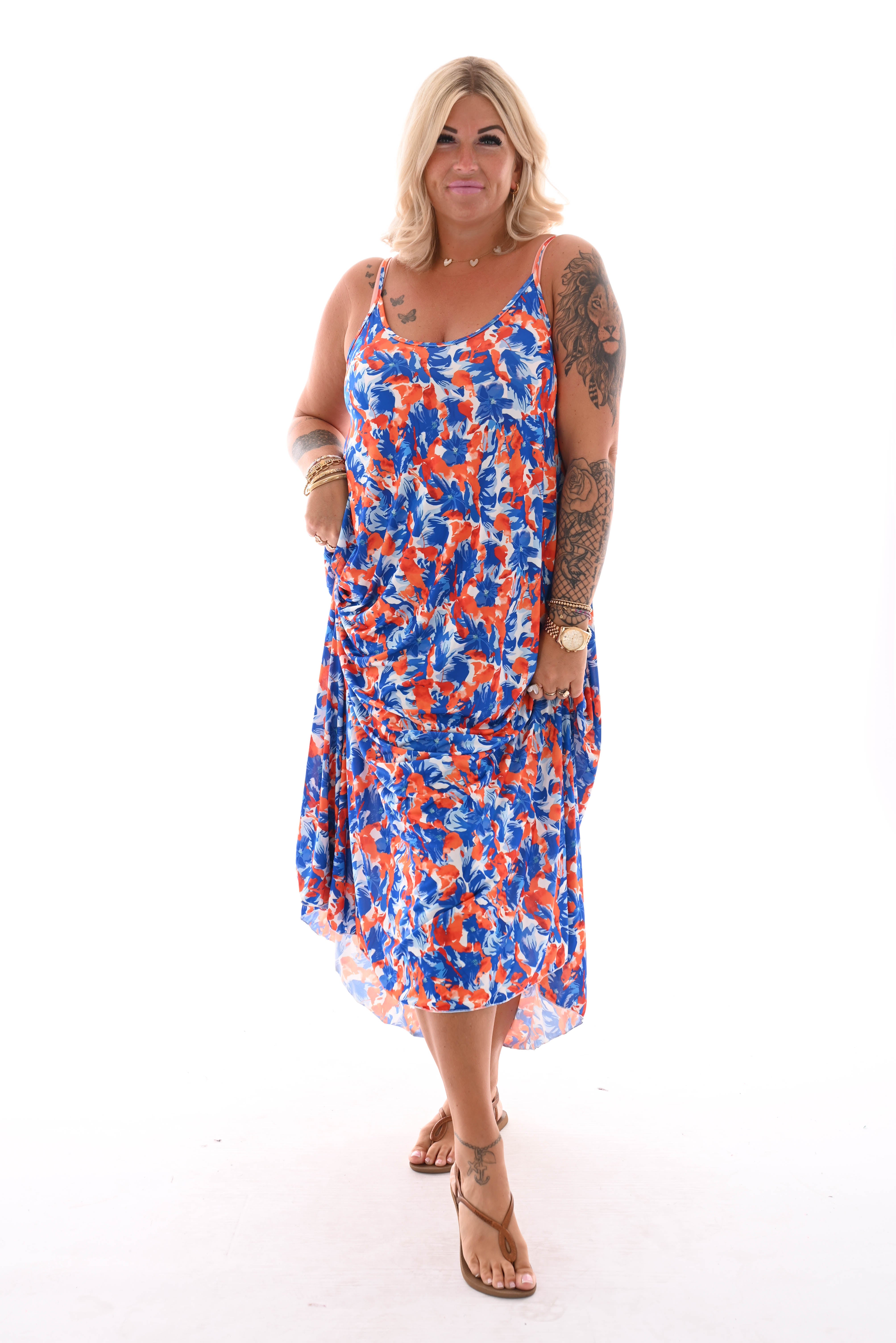 Jurk spaghetti bandjes lang bloemen kobalt blauw/oranje