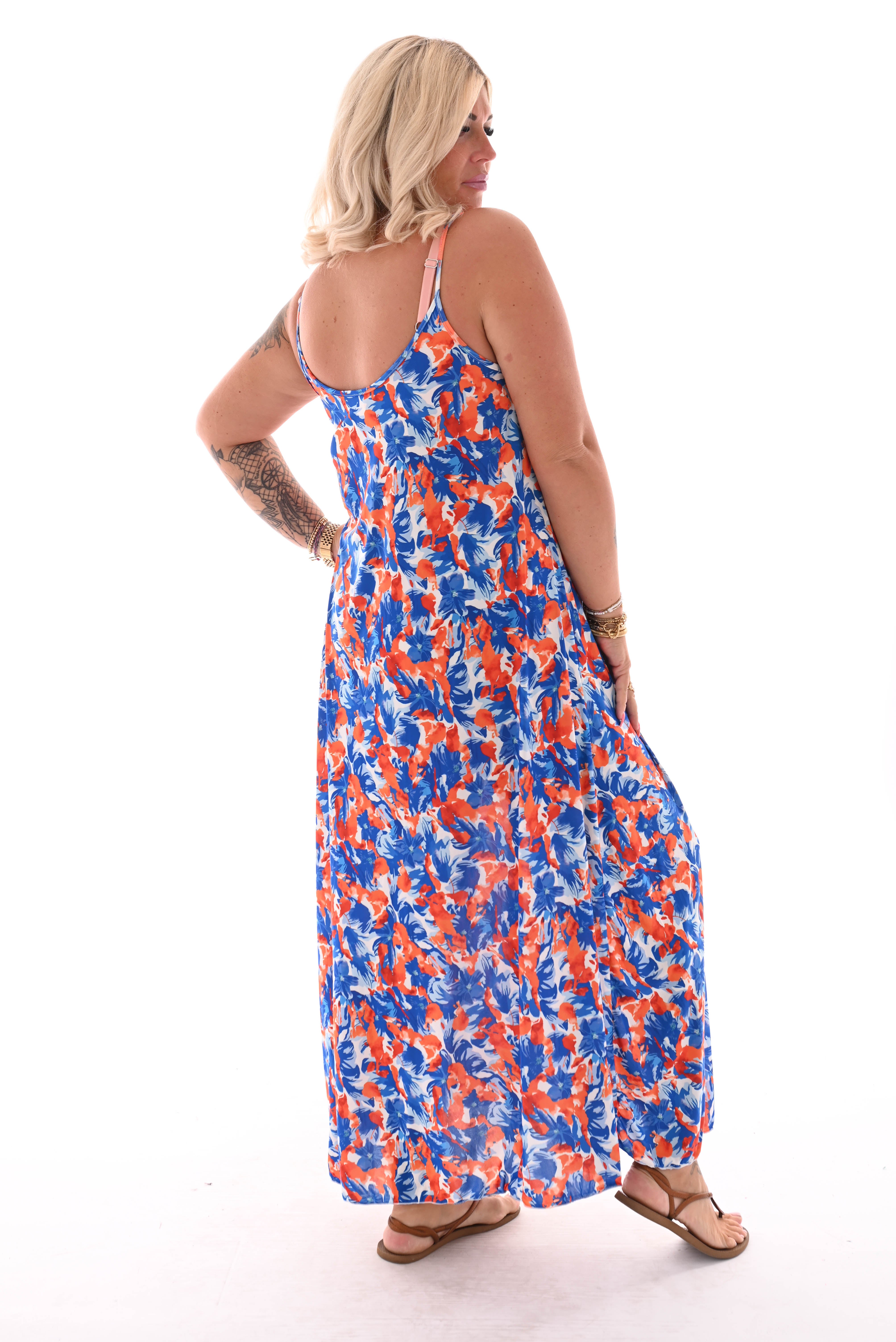 Jurk spaghetti bandjes lang bloemen kobalt blauw/oranje