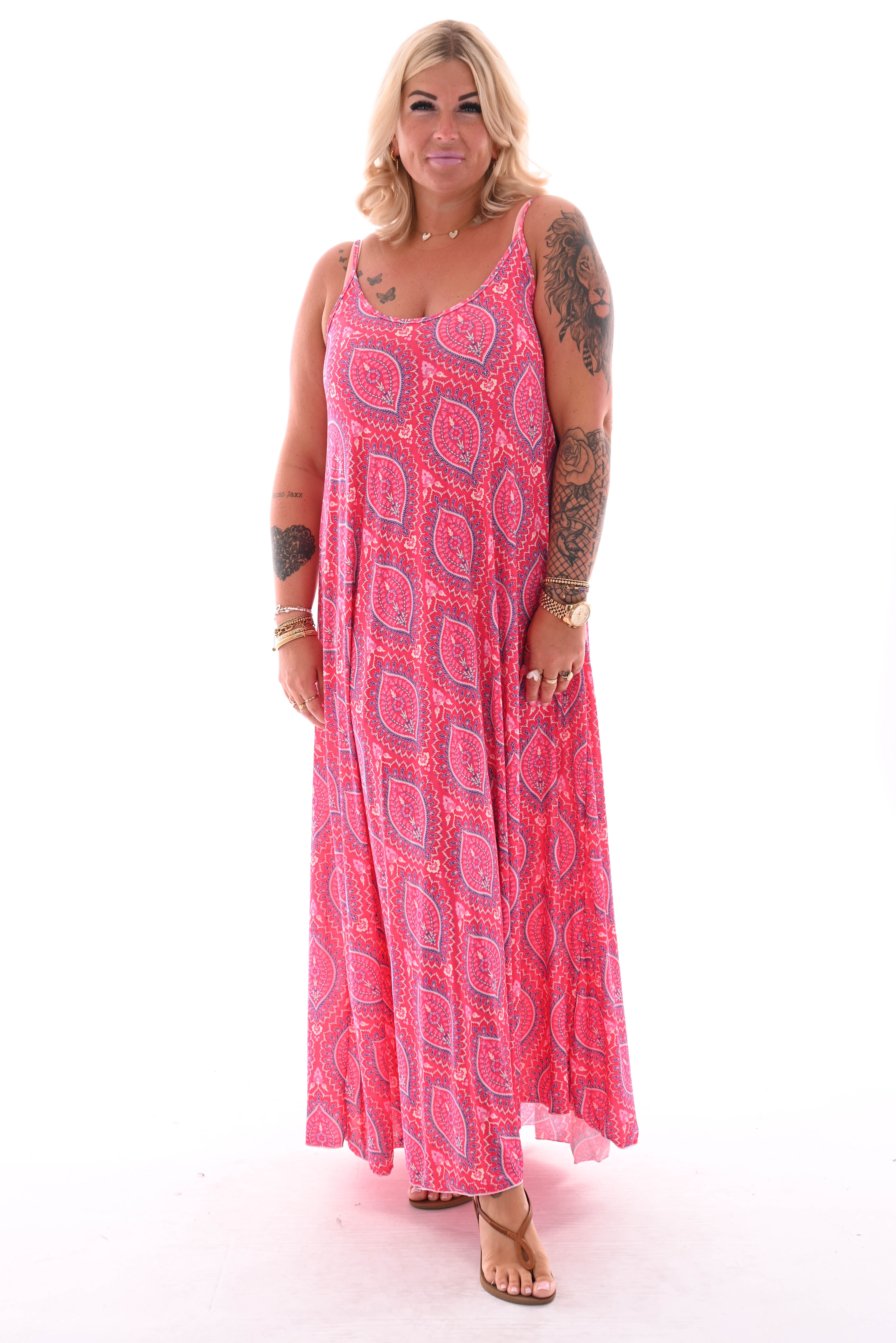 Jurk spaghetti bandjes lang paisley fuchsia