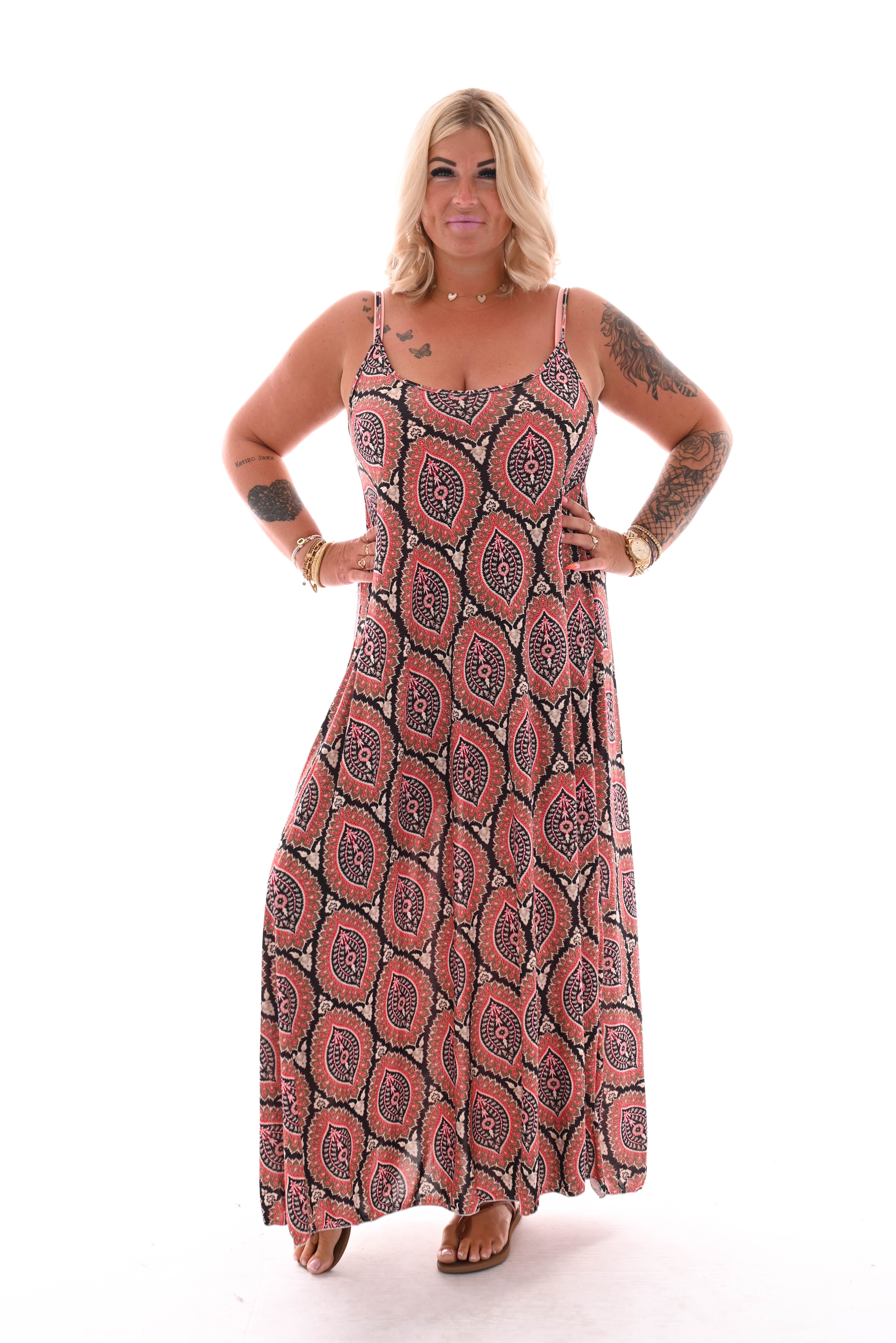 Jurk spaghetti bandjes lang paisley bruin/zwart