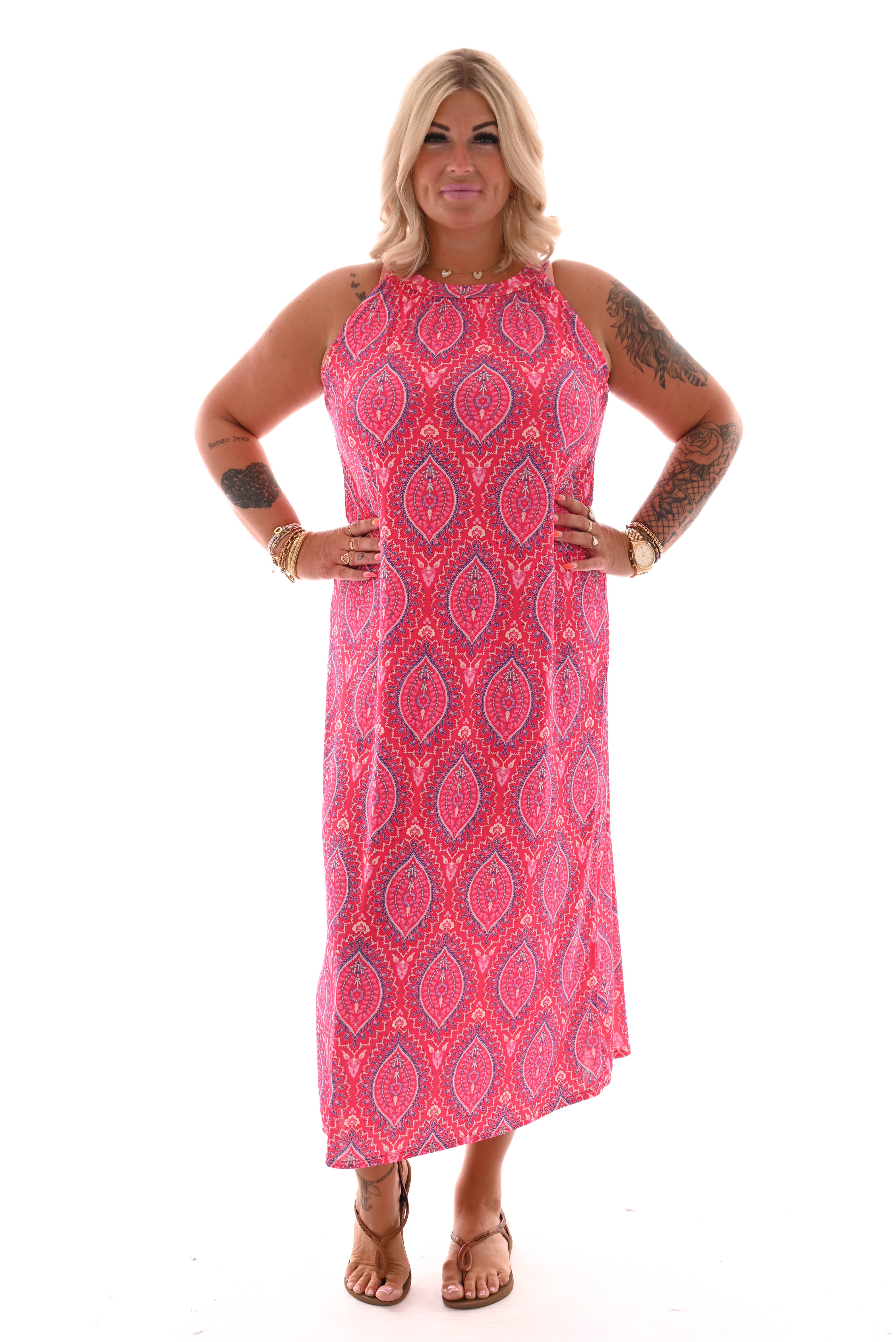 Halterjurk paisley lang paisley fuchsia