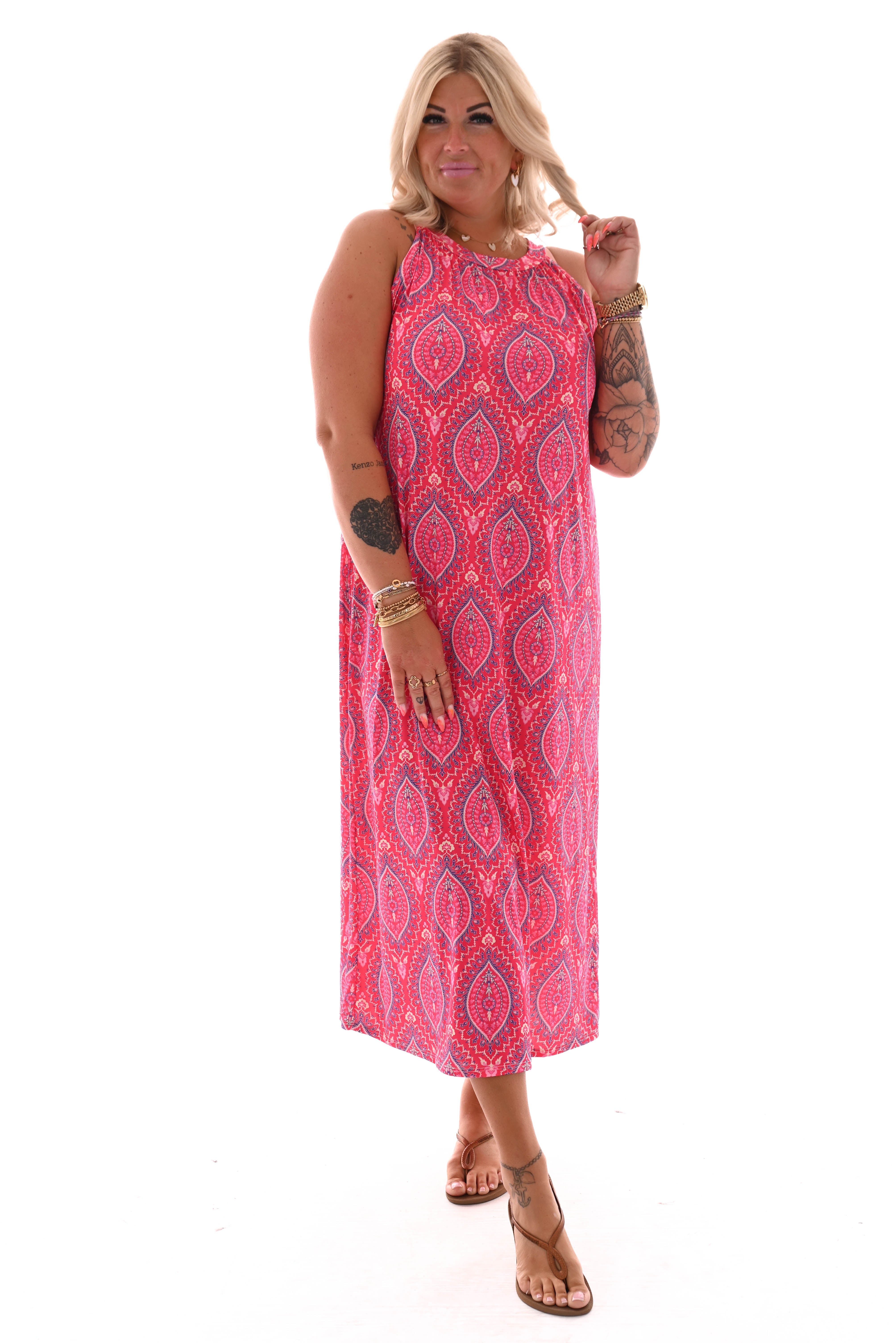 Halterjurk paisley lang paisley fuchsia