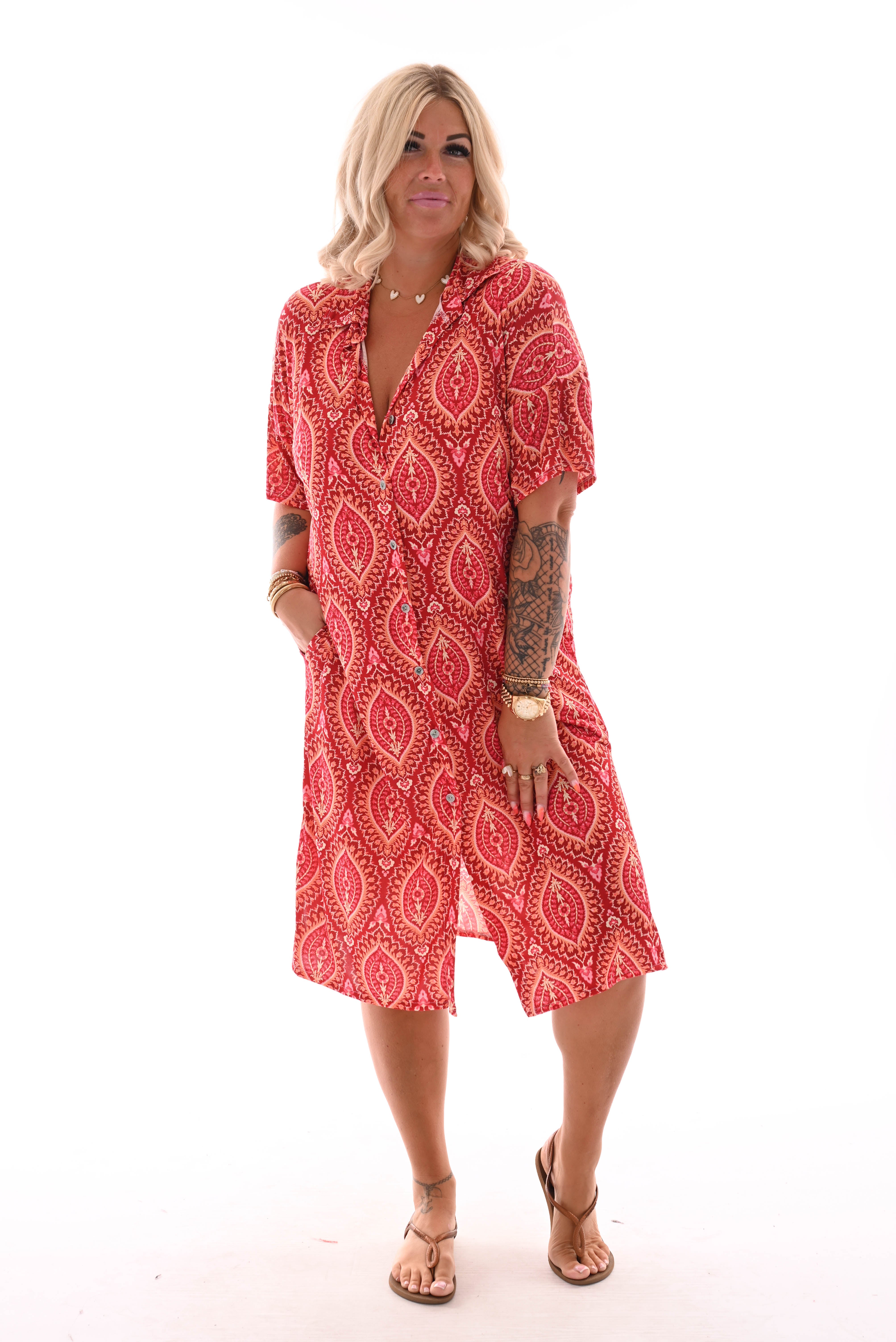 Jurk v-hals bloemen doorknoop paisley brick