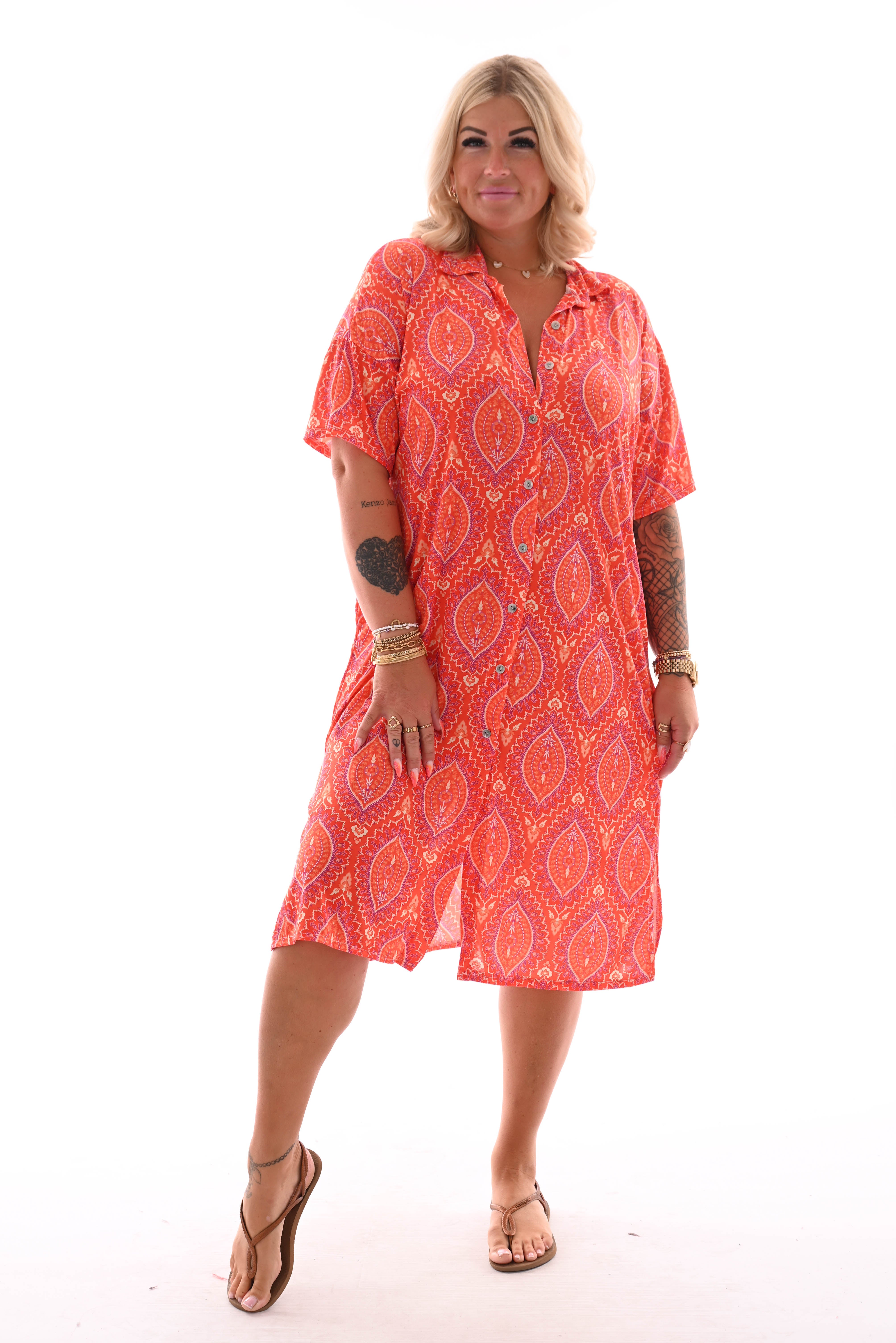 Jurk v-hals bloemen doorknoop paisley oranje