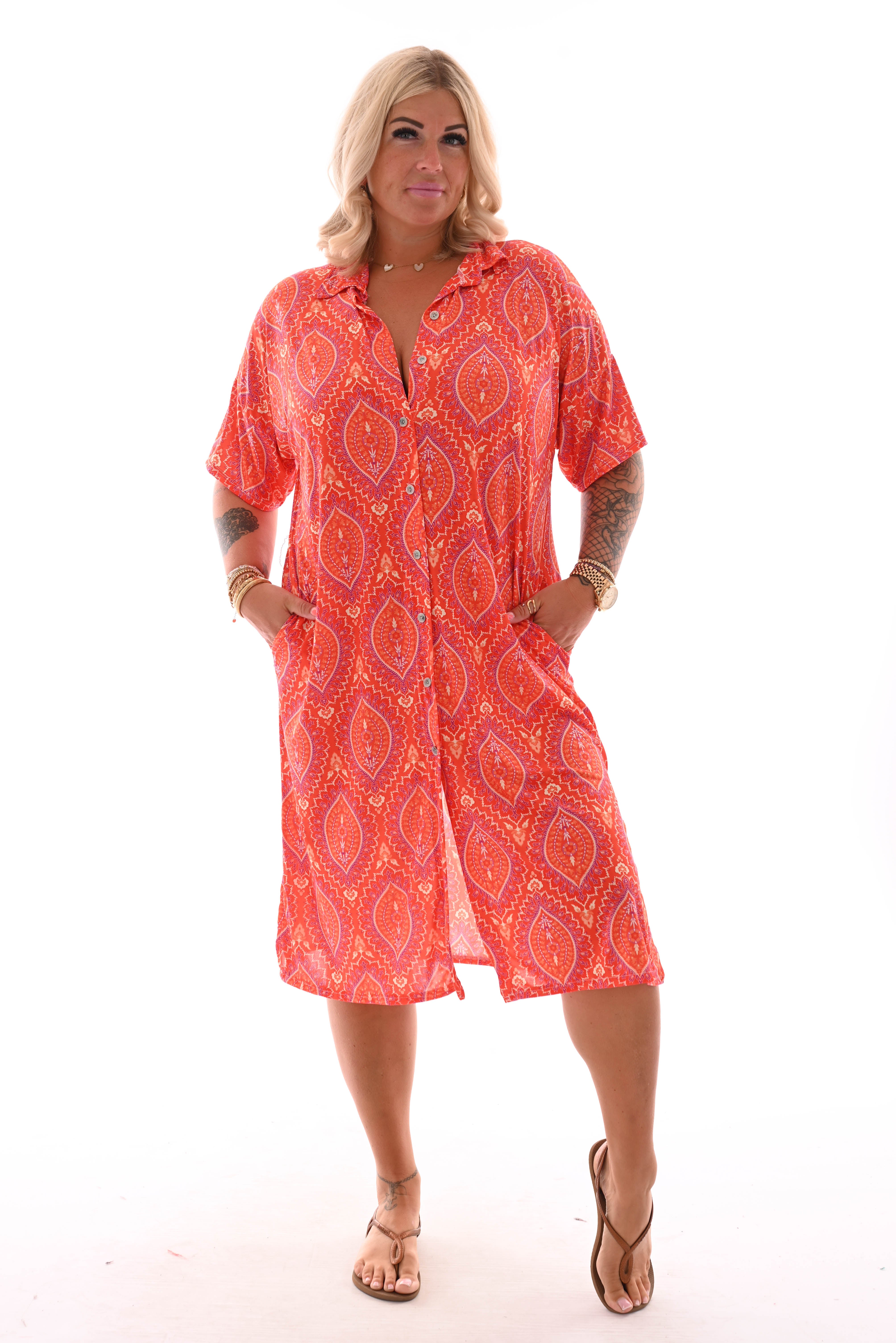 Jurk v-hals bloemen doorknoop paisley oranje