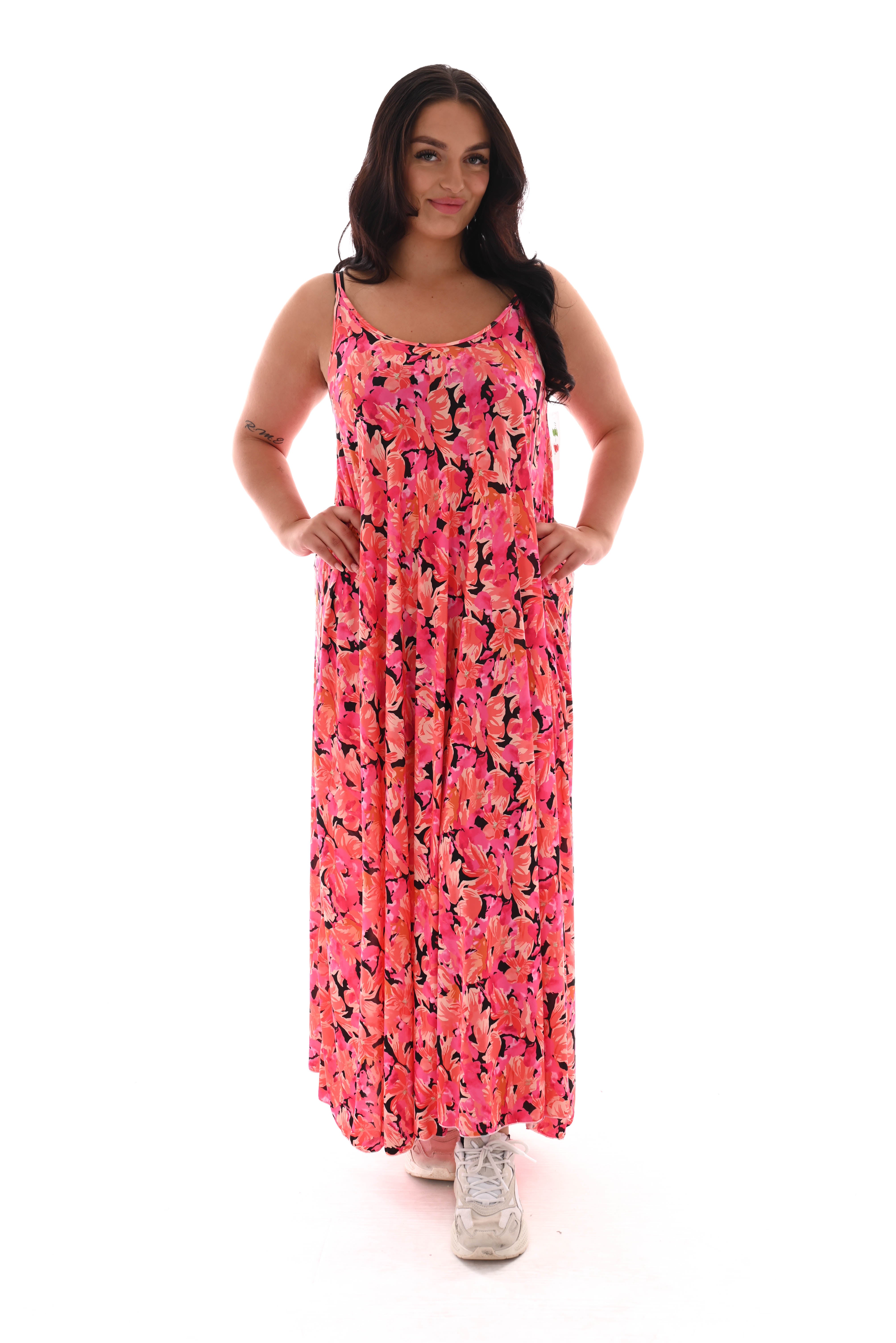 Jurk spaghetti bandjes lang bloemen roze/zwart