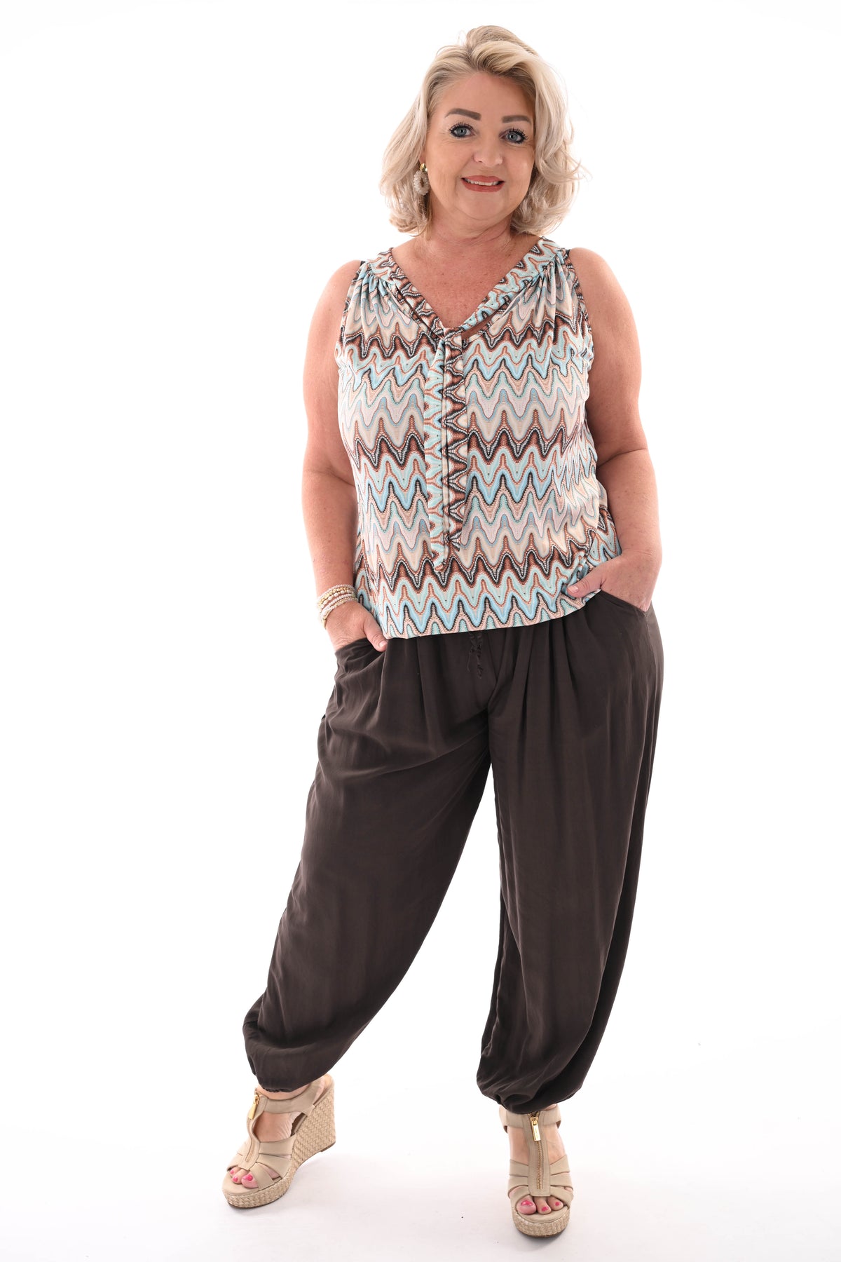 Halter top print wave beige/lichtblauw