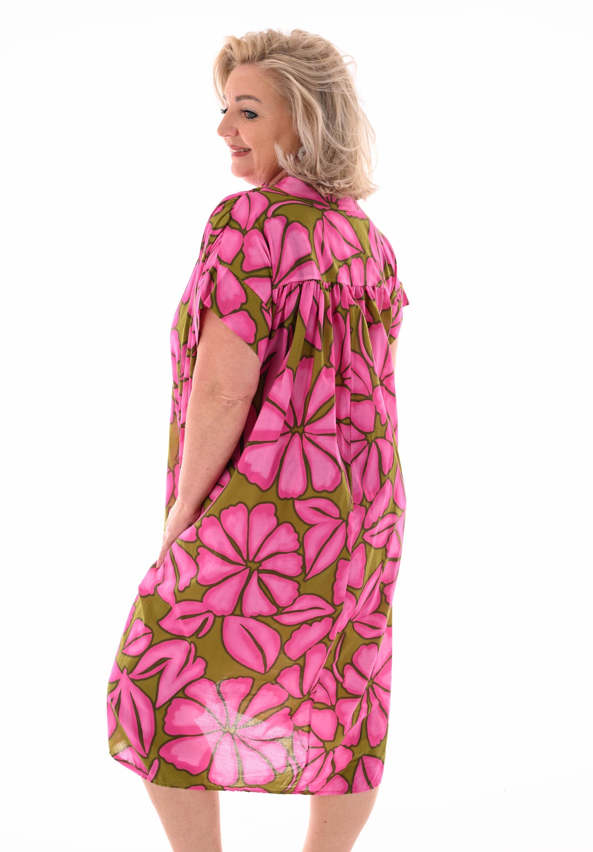 Tuniek v-hals print bladeren roze/lime