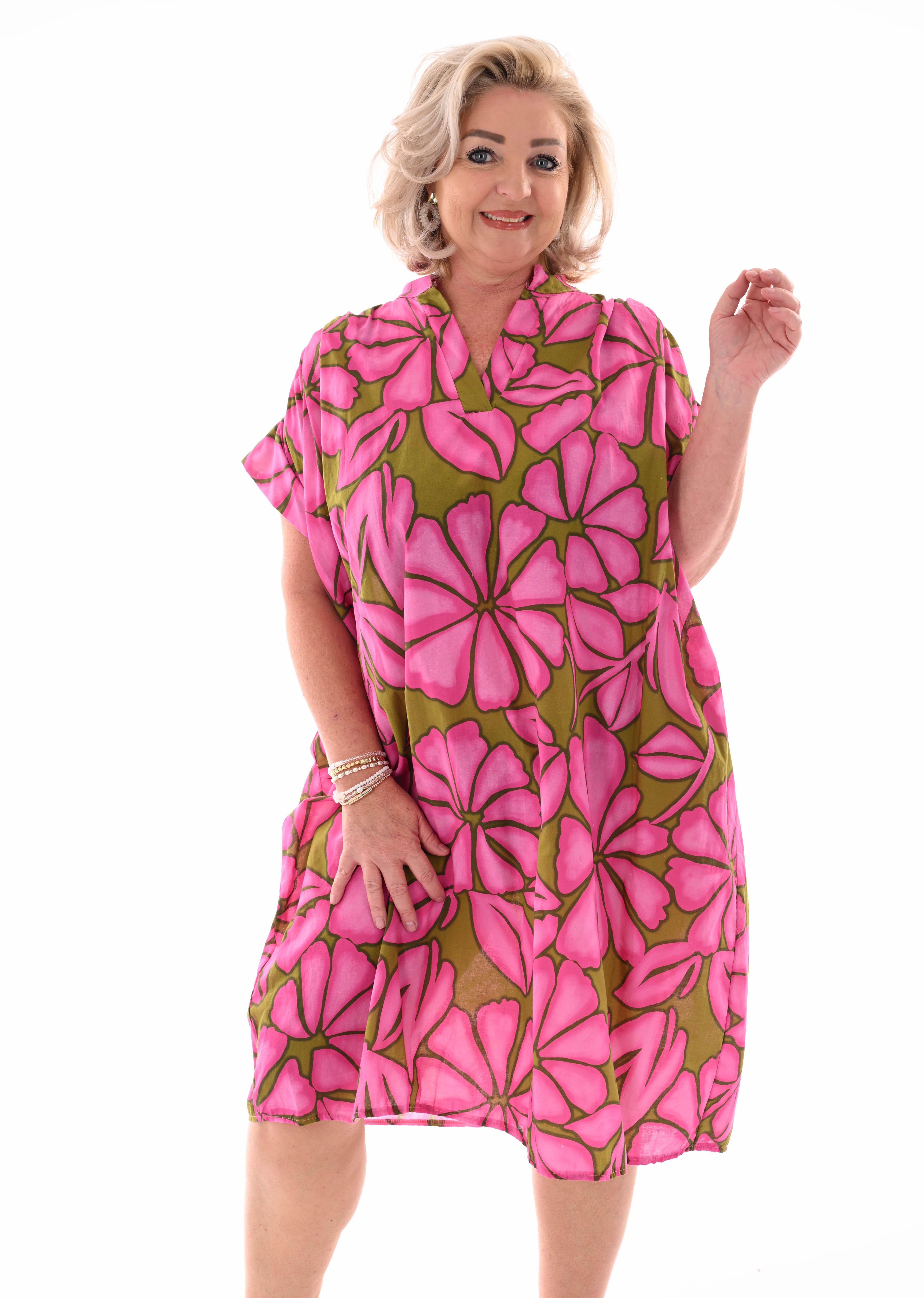 Tuniek v-hals print bladeren roze/lime