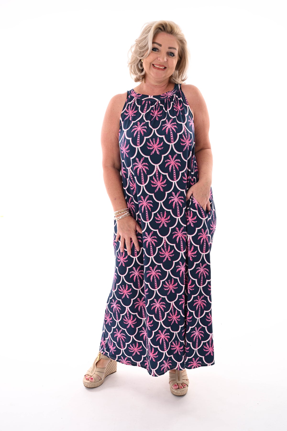 Lange jurk met palmbomen marineblauw