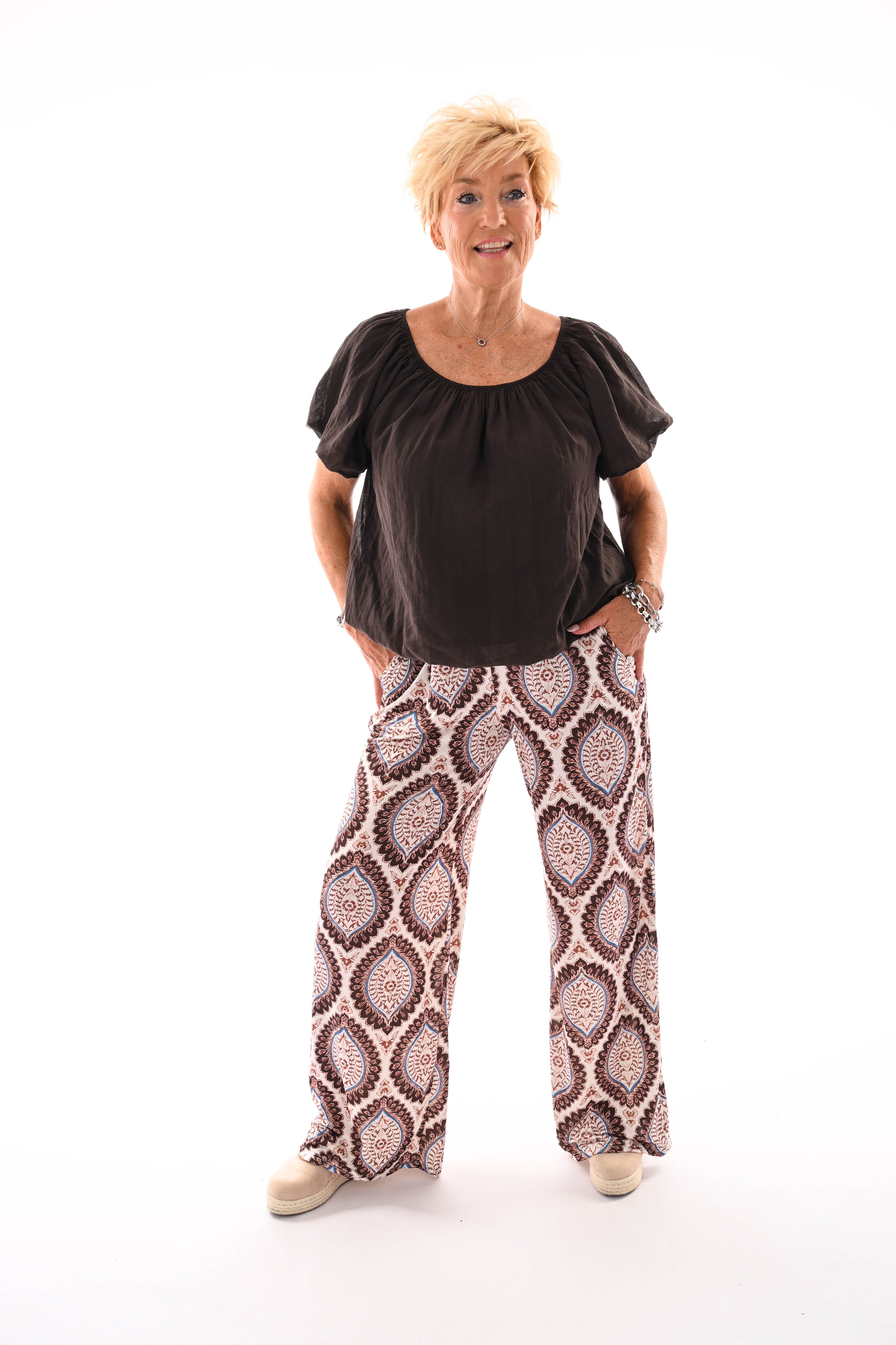 Broek met print damast creme