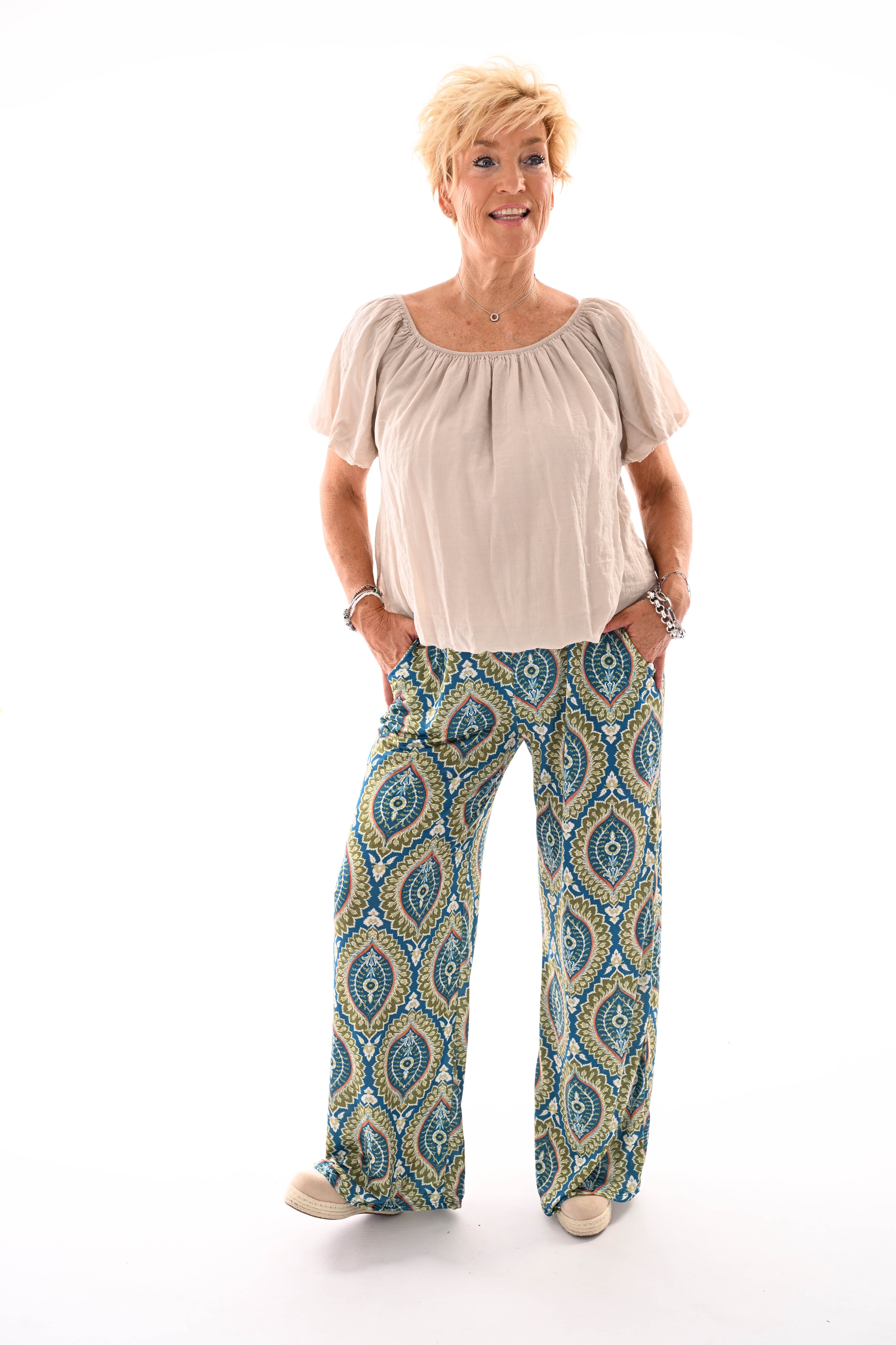 Broek met print damast petrol