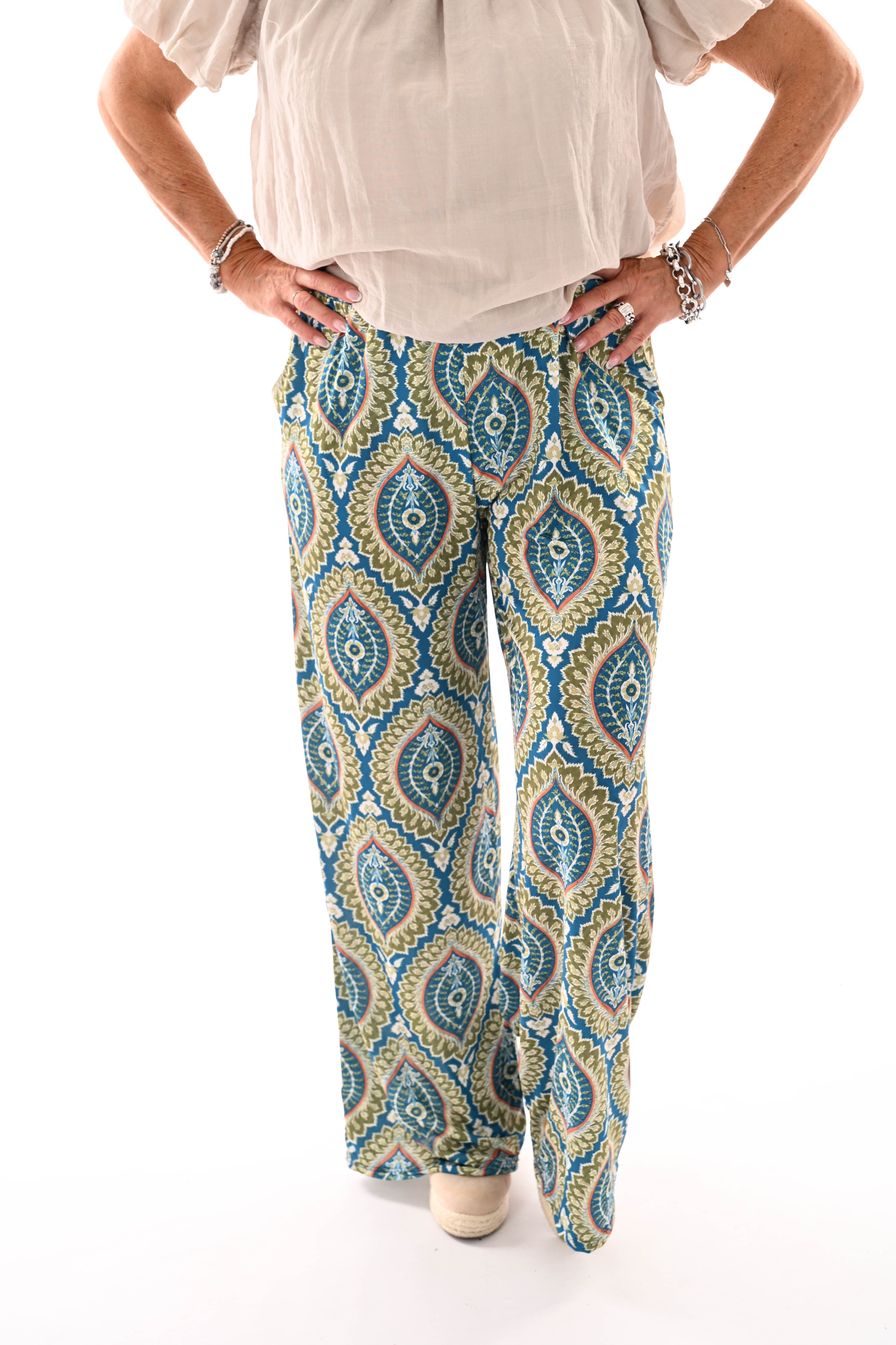 Broek met print damast petrol