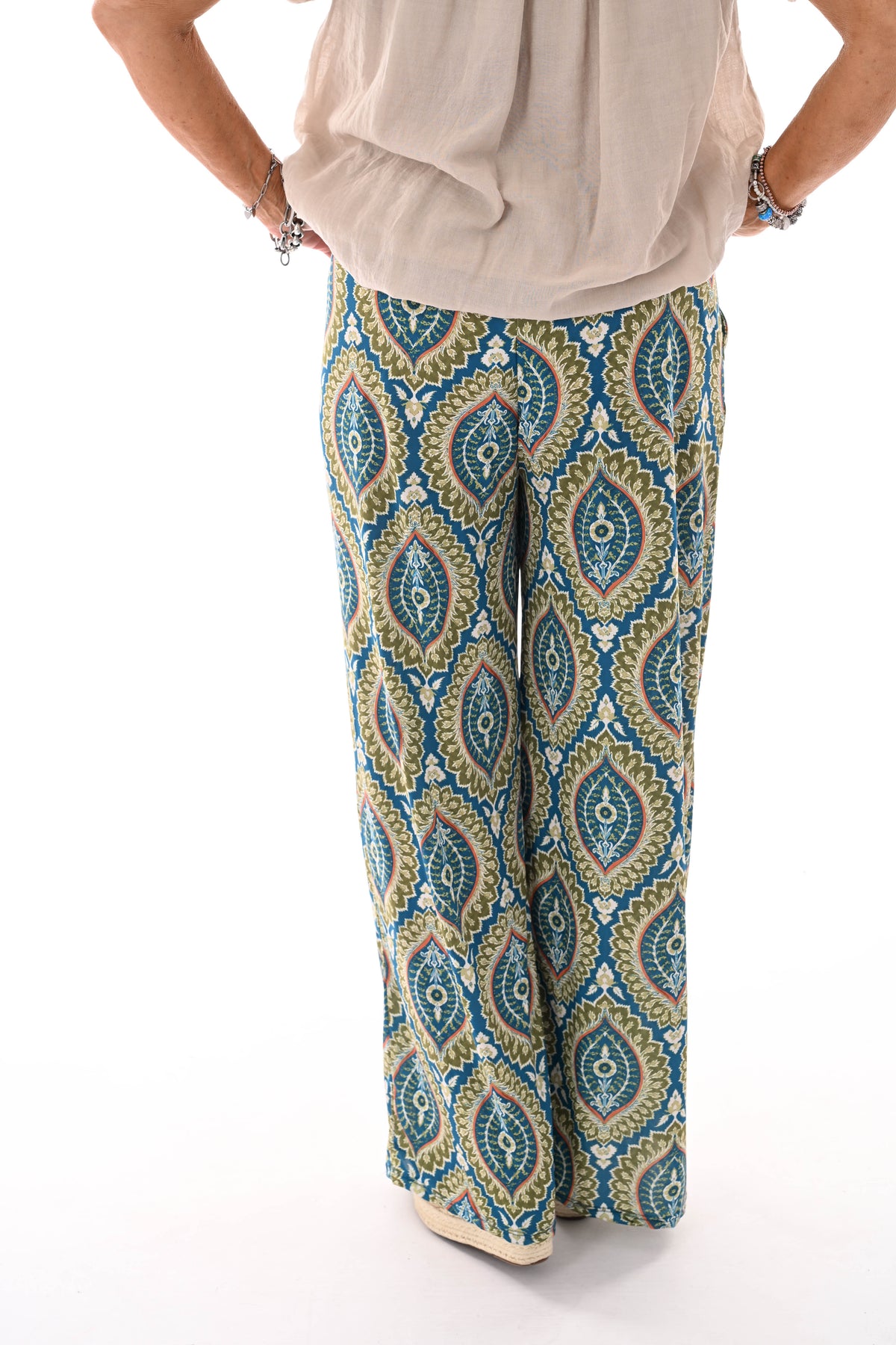 Broek met print damast petrol