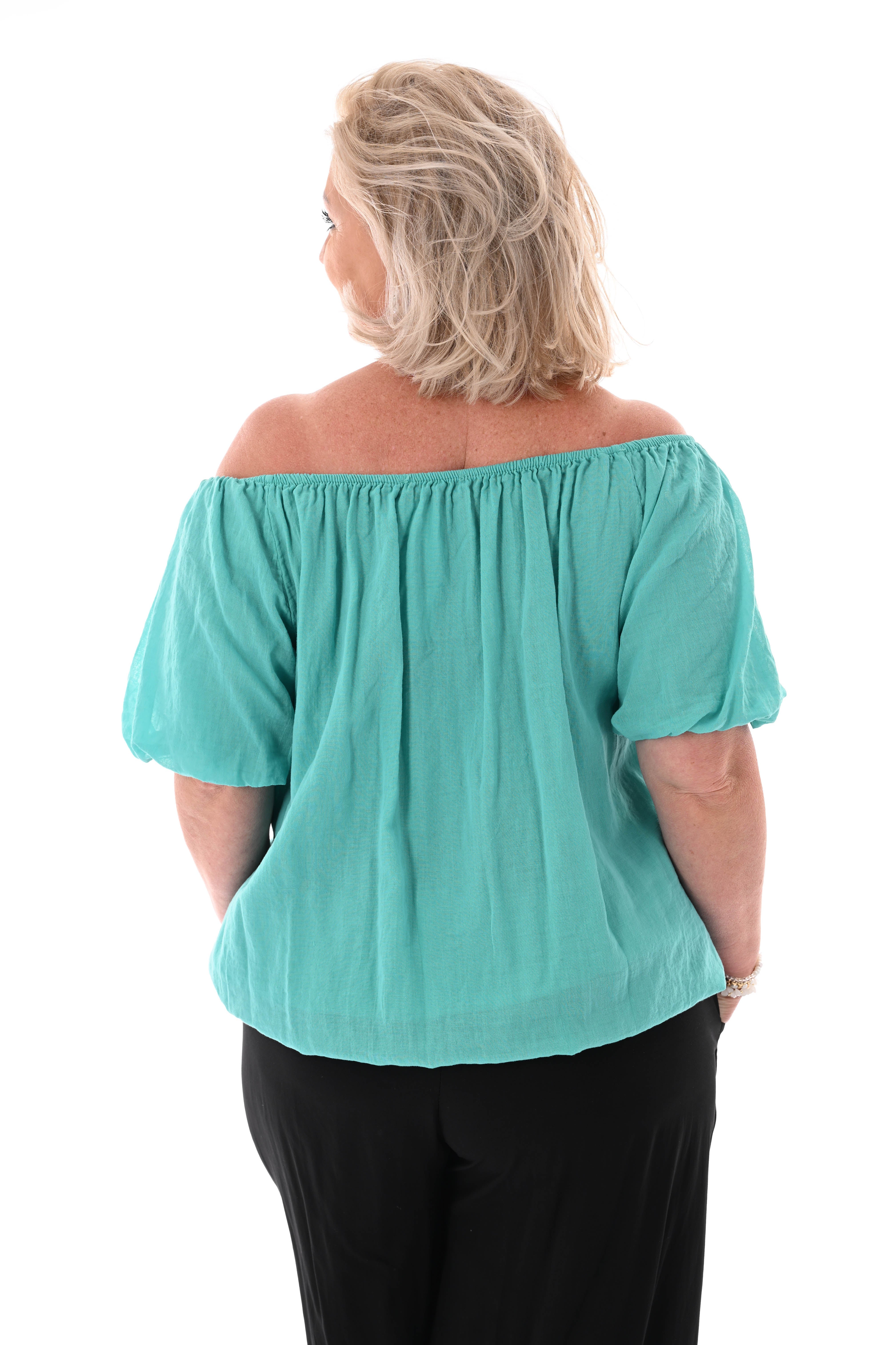 Top korte pofmouwen turquoise