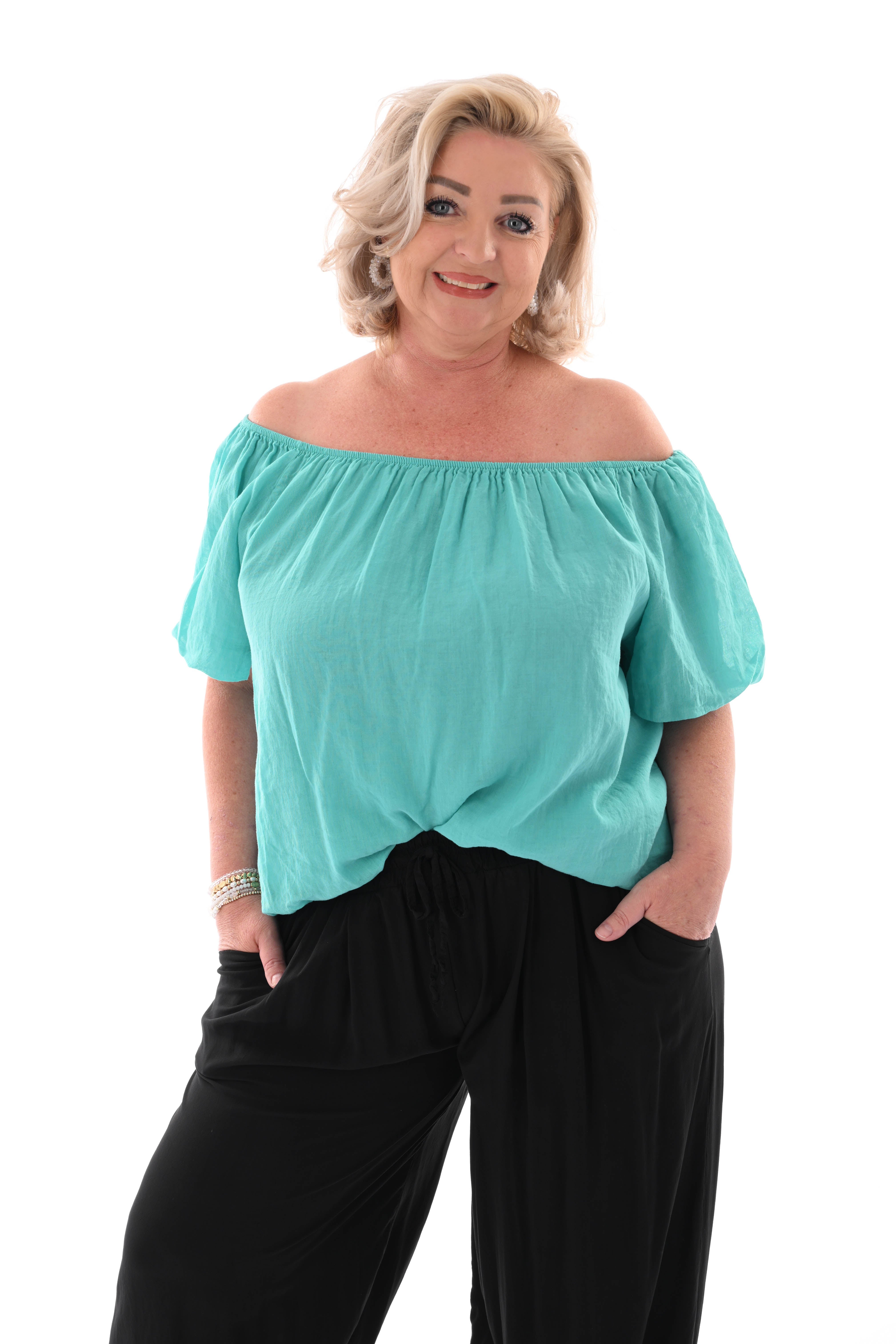 Top korte pofmouwen turquoise