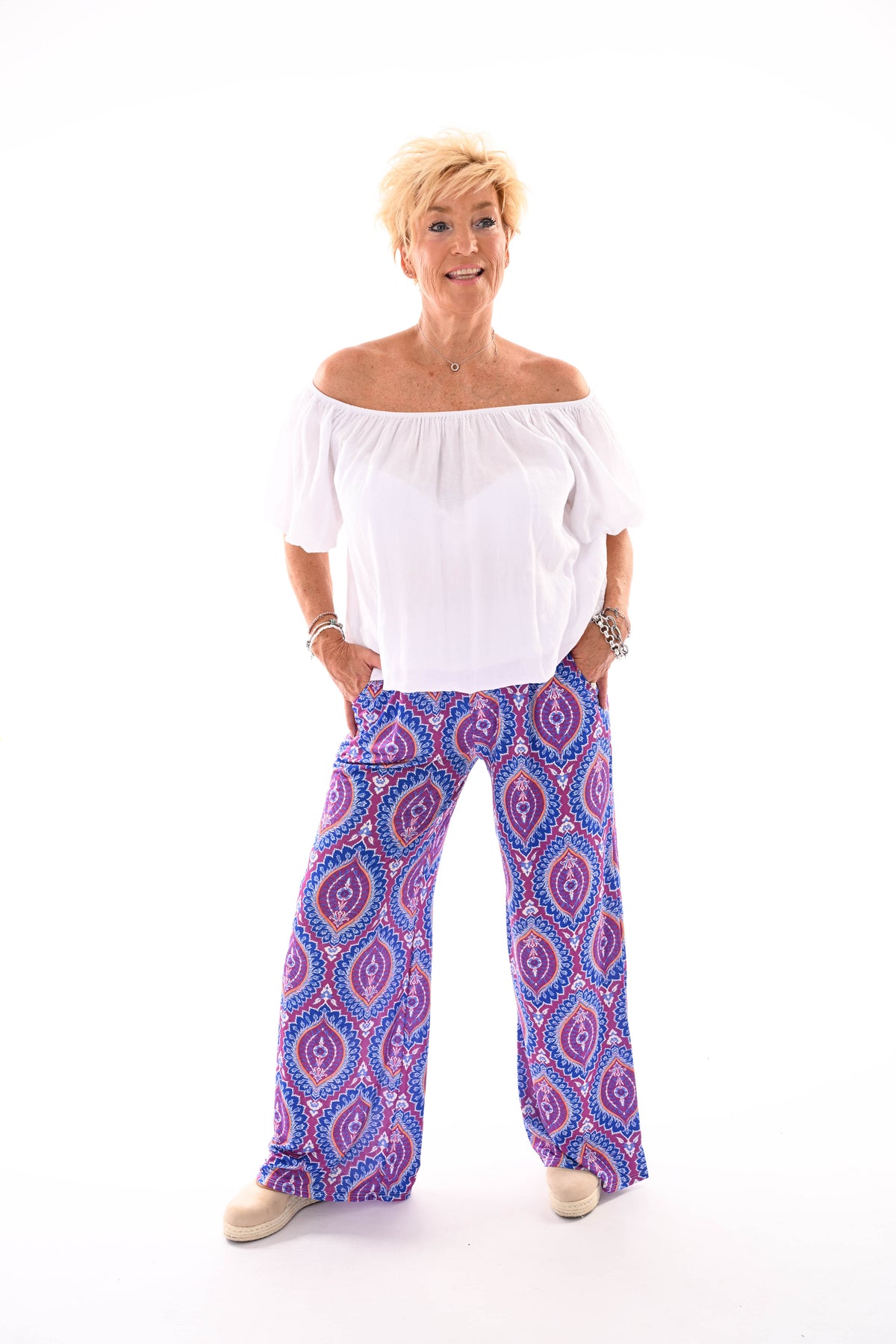 Broek met print damast kobaltblauw