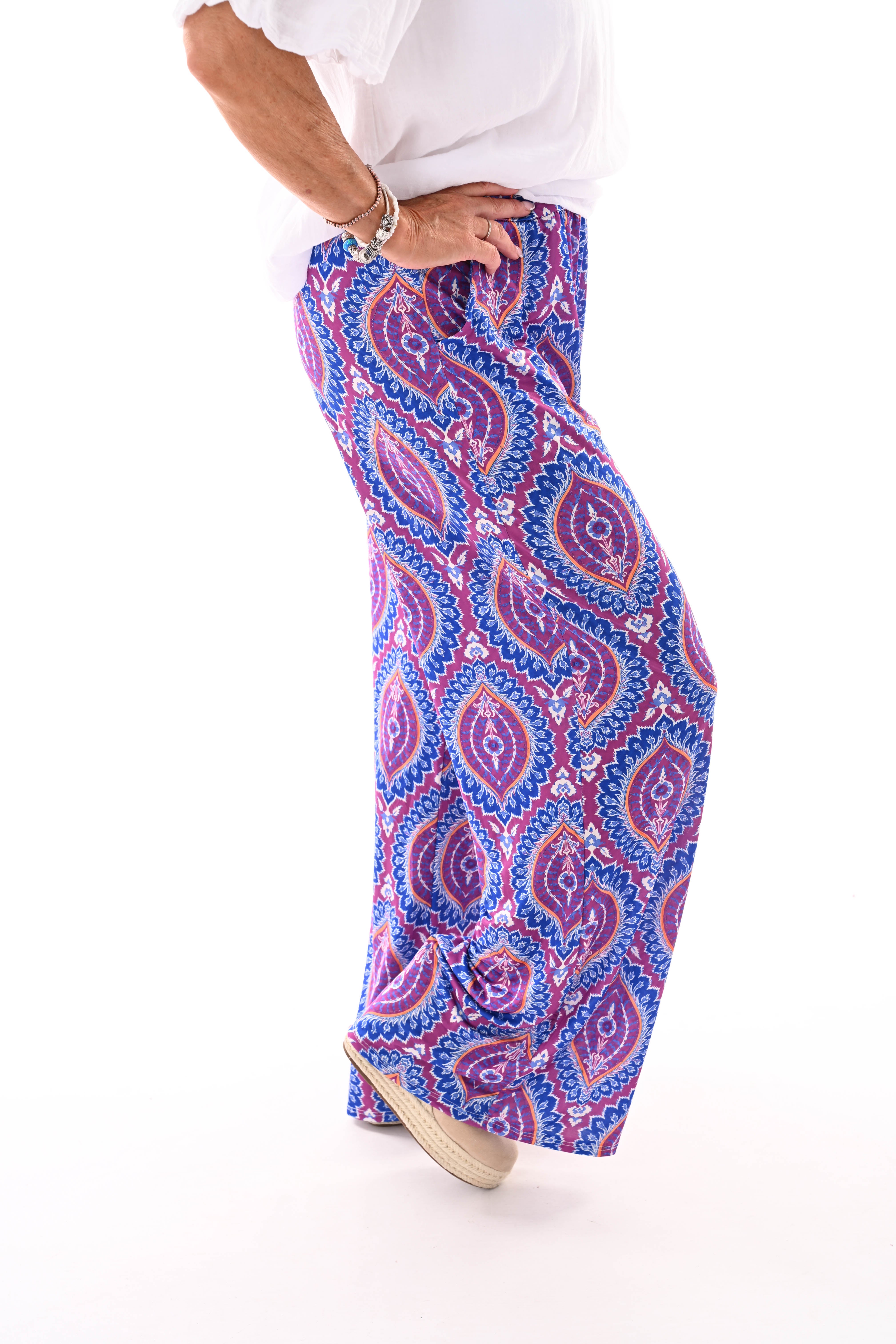 Broek met print damast kobaltblauw