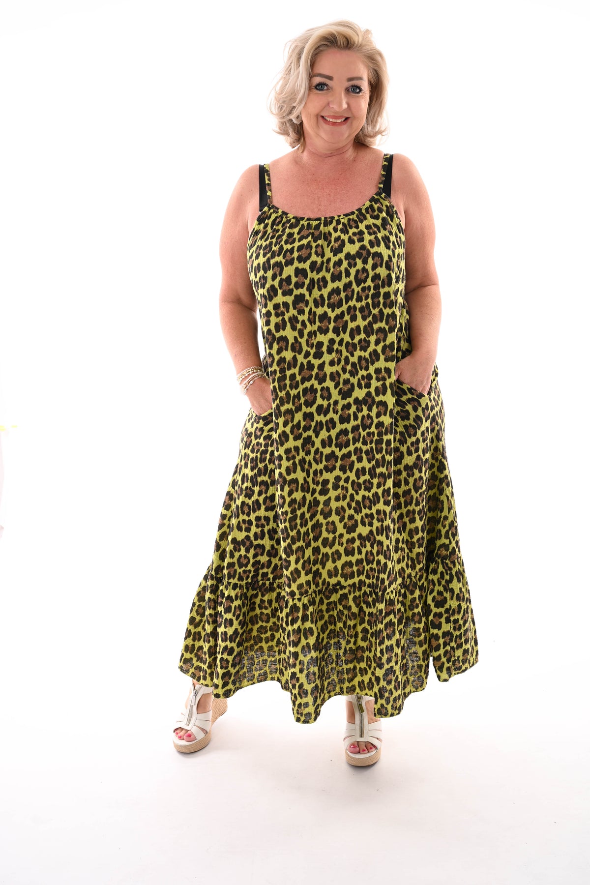 Lange wafel jurk smalle bandjes panterprint lime