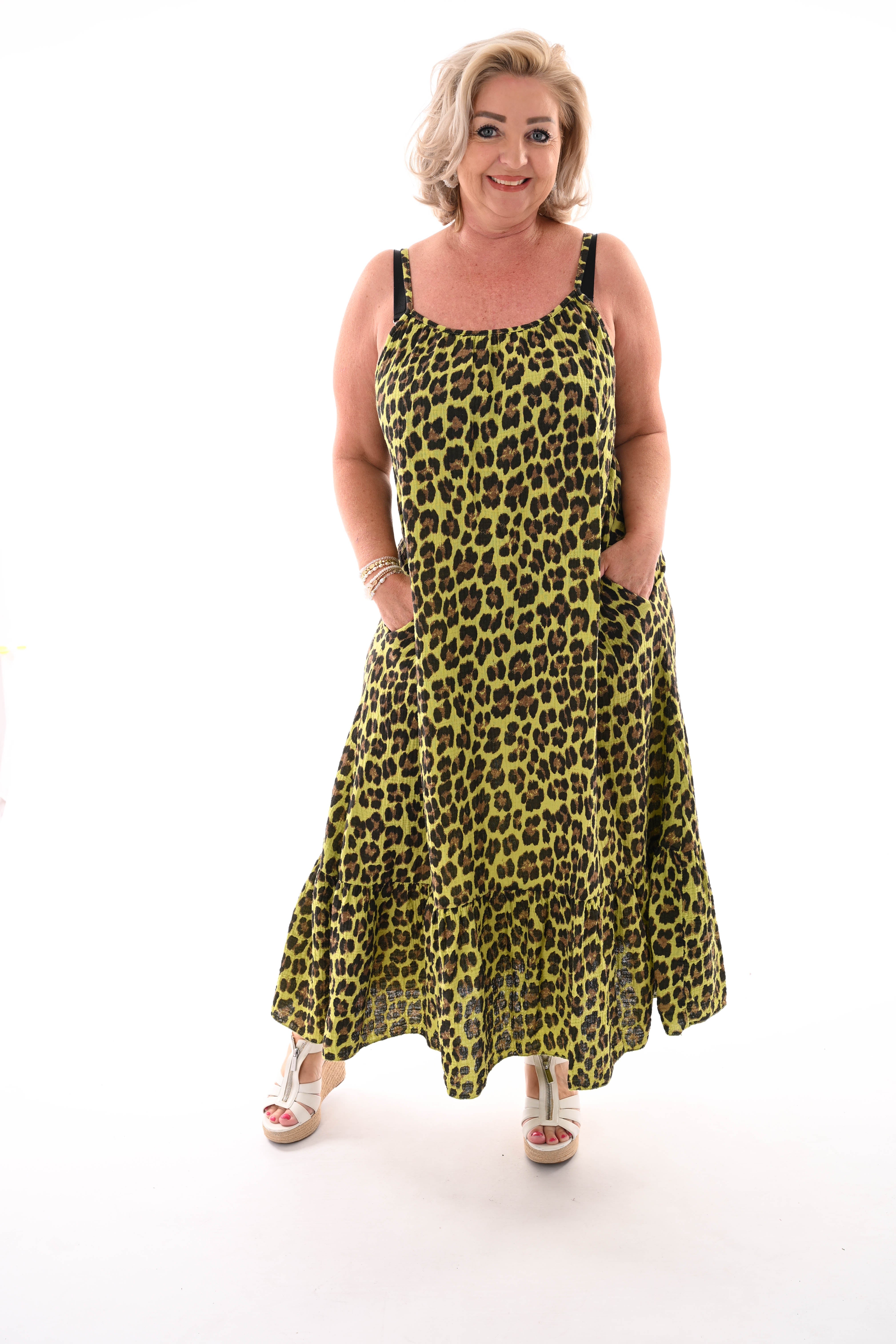Lange wafel jurk smalle bandjes panterprint lime