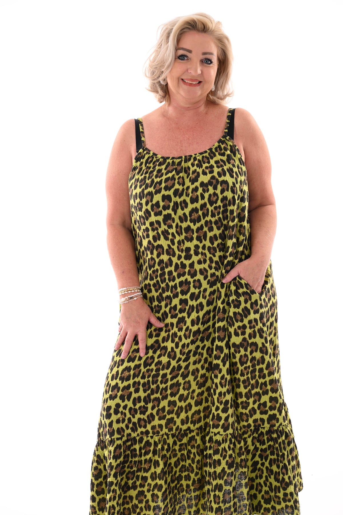 Lange wafel jurk smalle bandjes panterprint lime