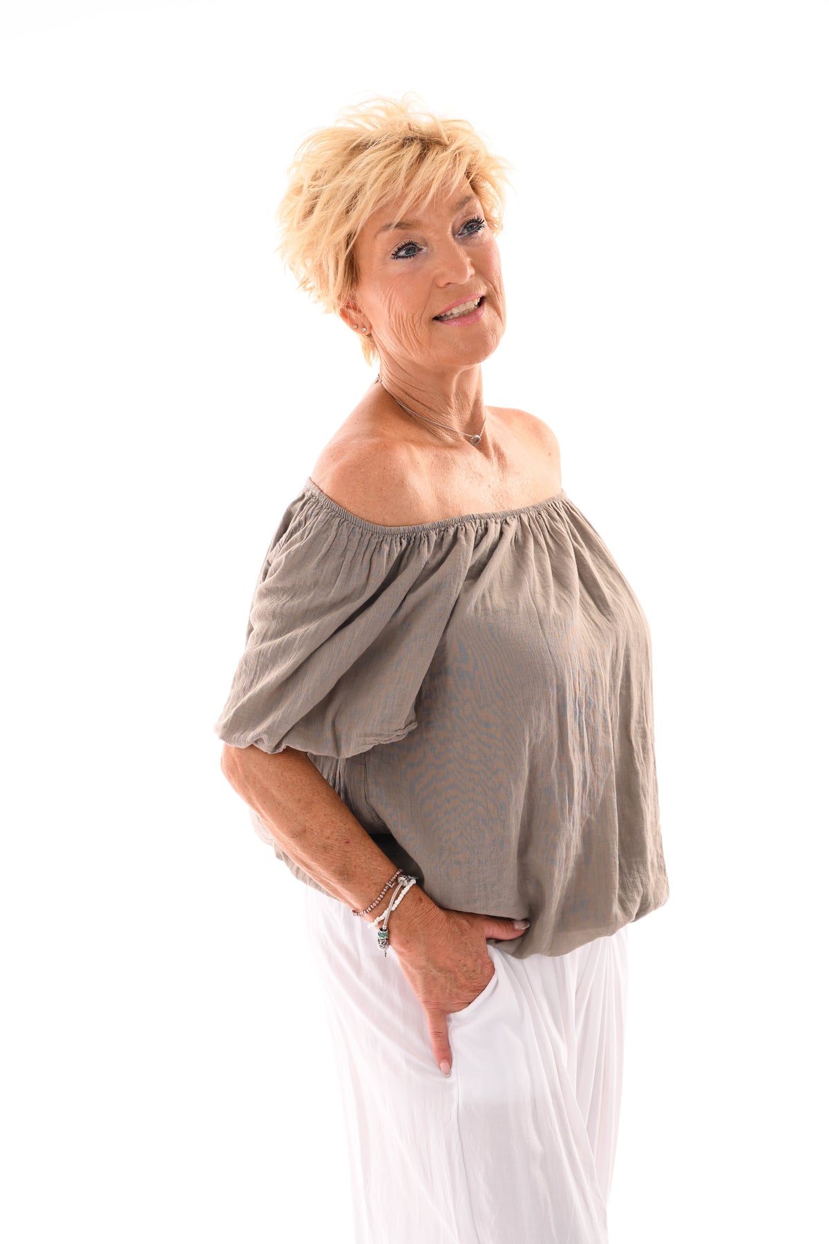 Top korte pofmouwen taupe