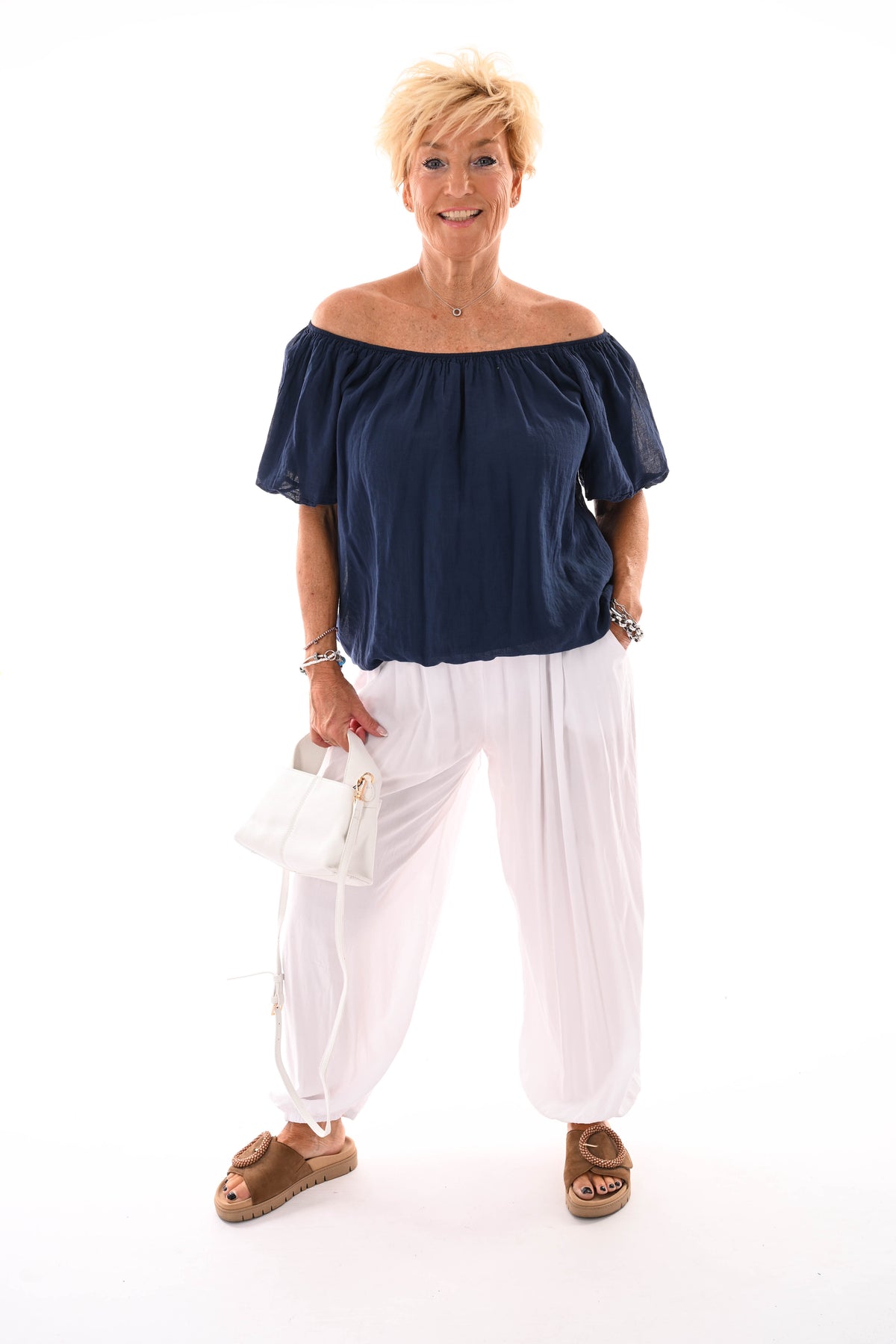 Top korte pofmouwen marineblauw