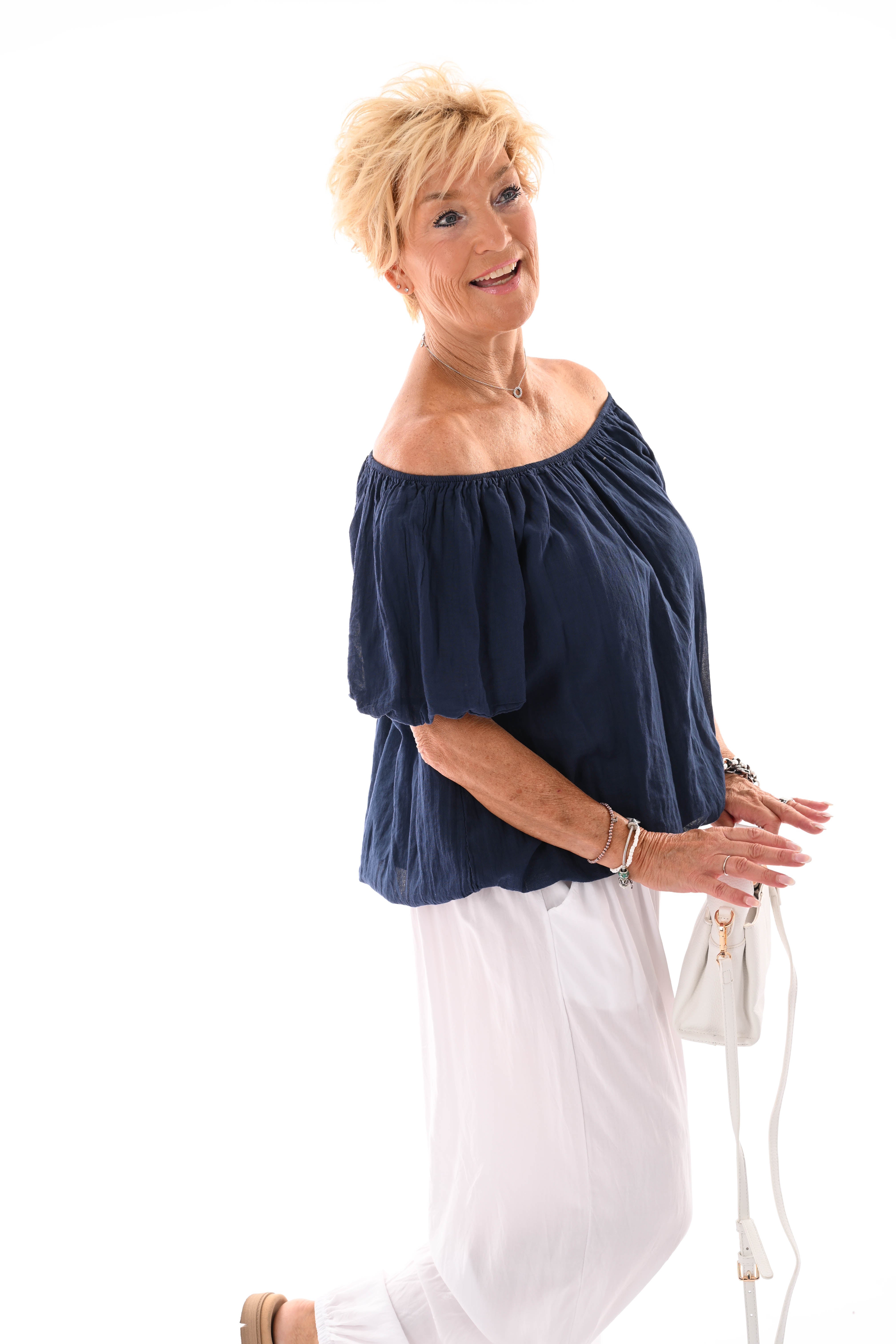 Top korte pofmouwen marineblauw