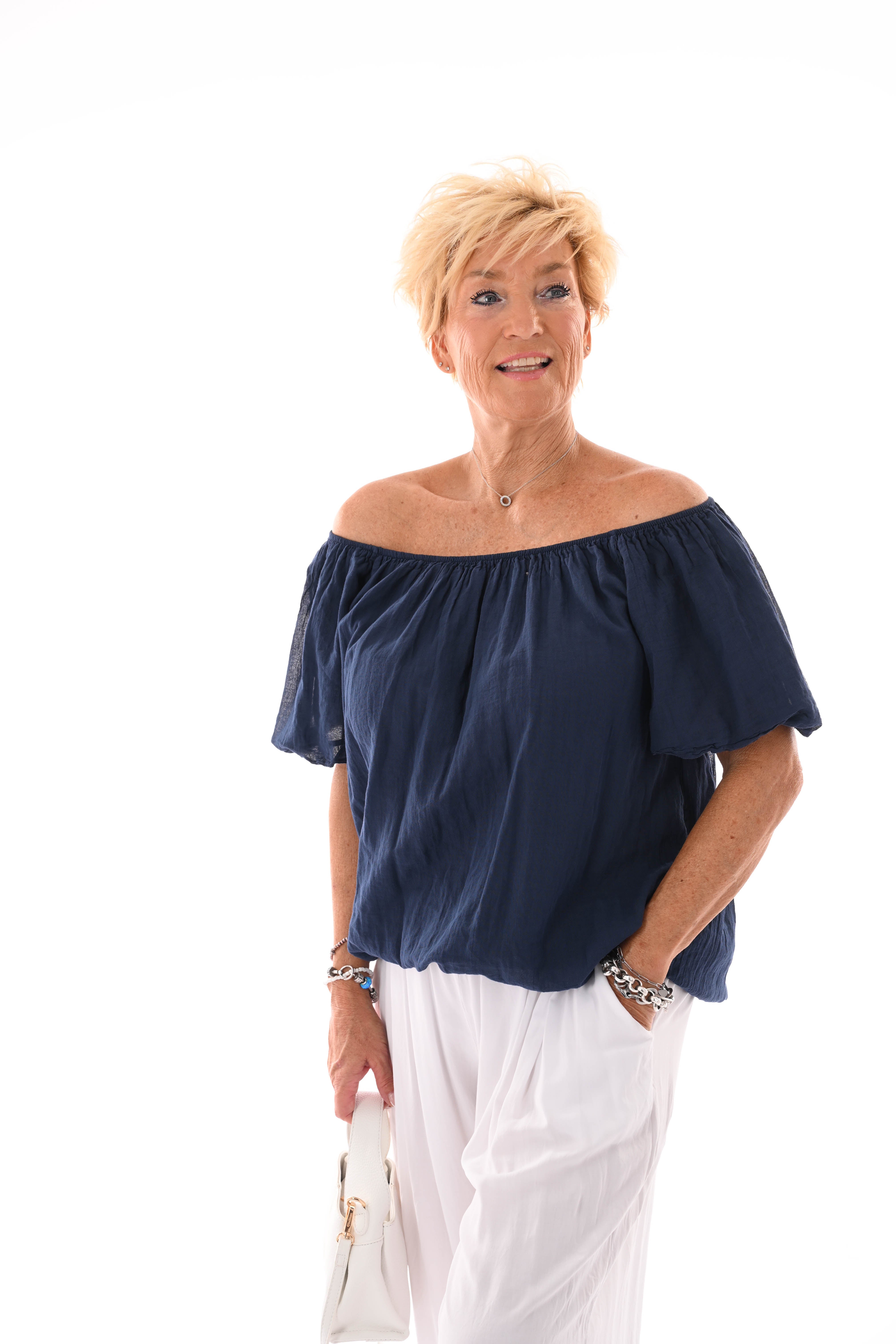 Top korte pofmouwen marineblauw