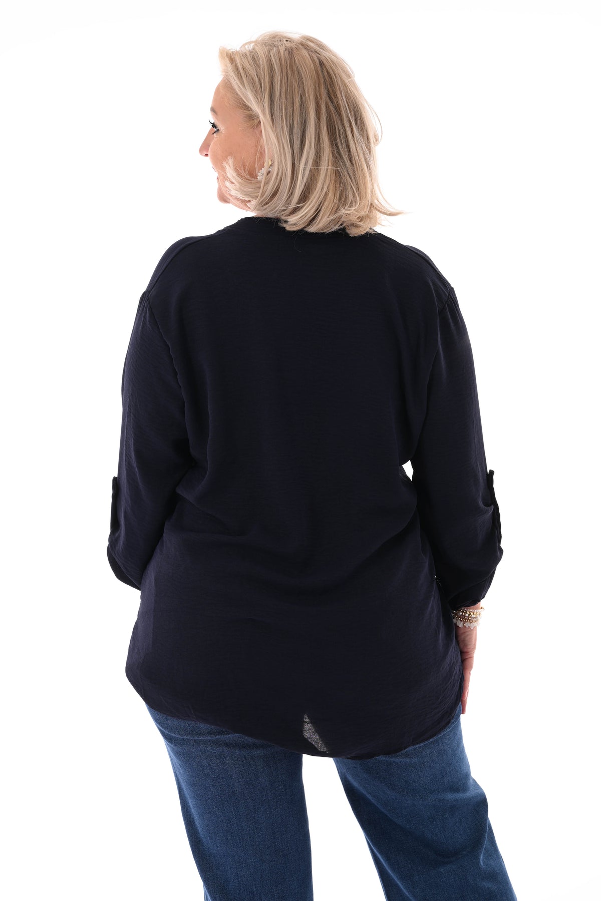 Blouse v-hals met ophaalmouwen uni marineblauw