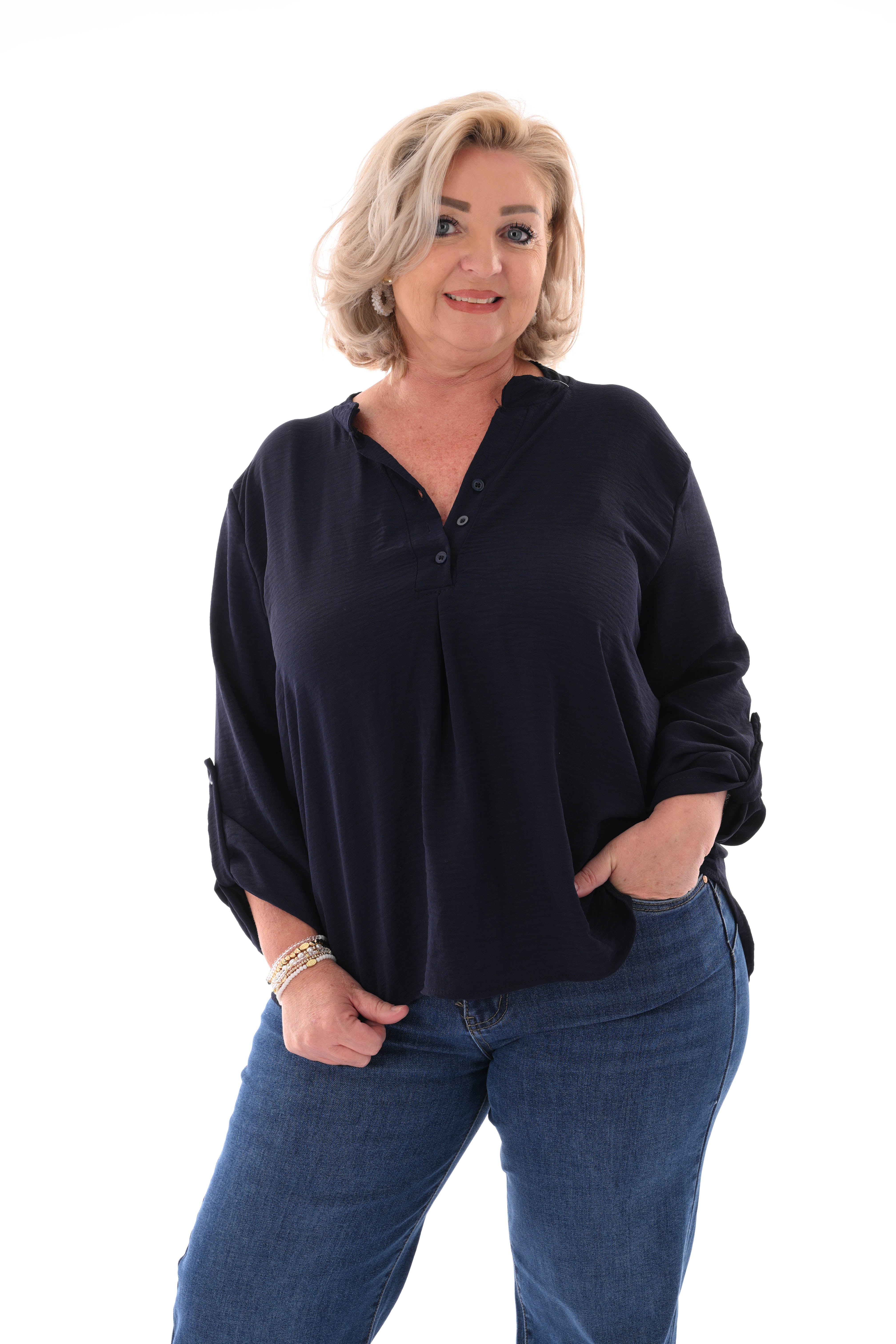 Blouse v-hals met ophaalmouwen uni marineblauw