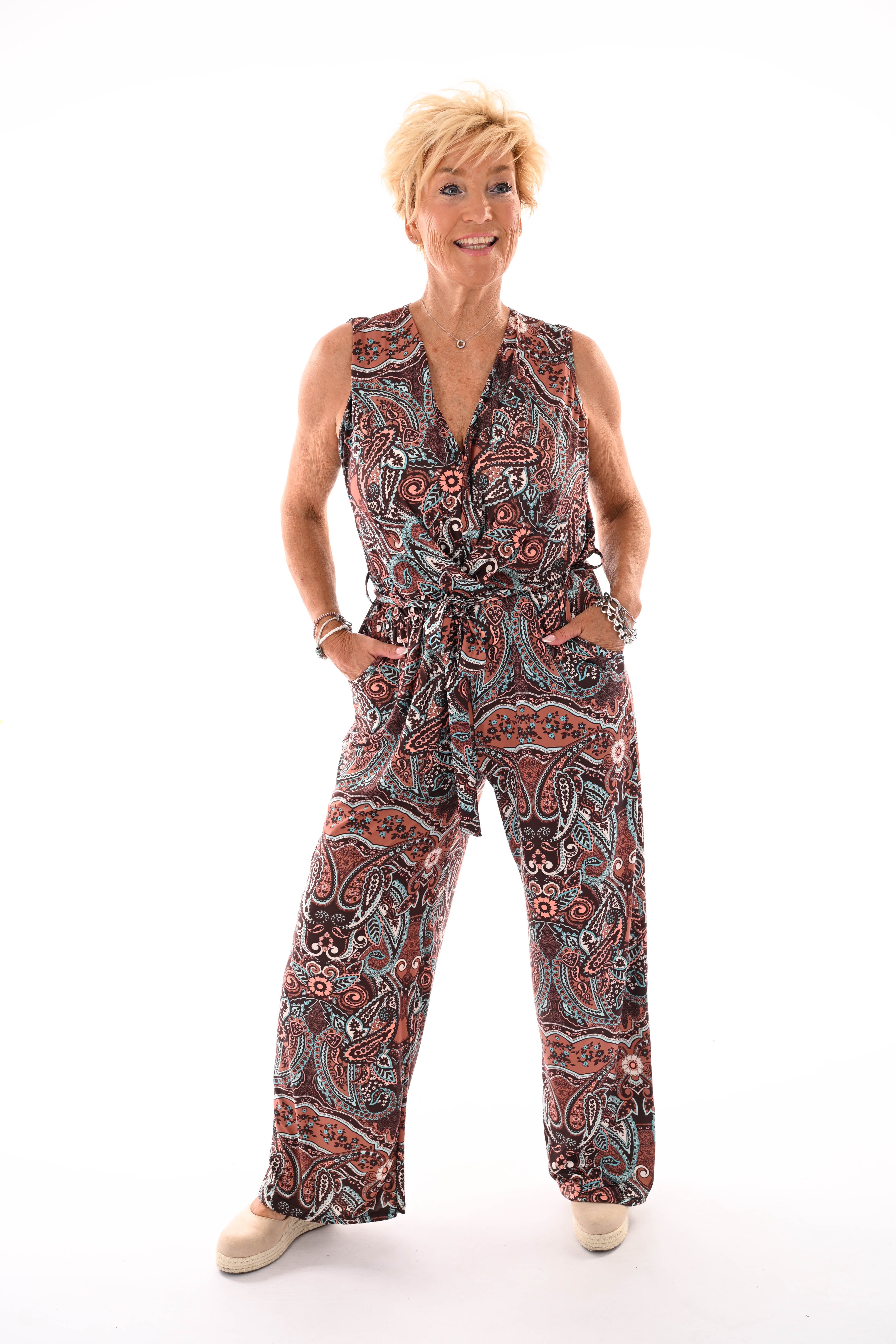 Jumpsuit v-hals print paisley  donkerbruin/turquoise