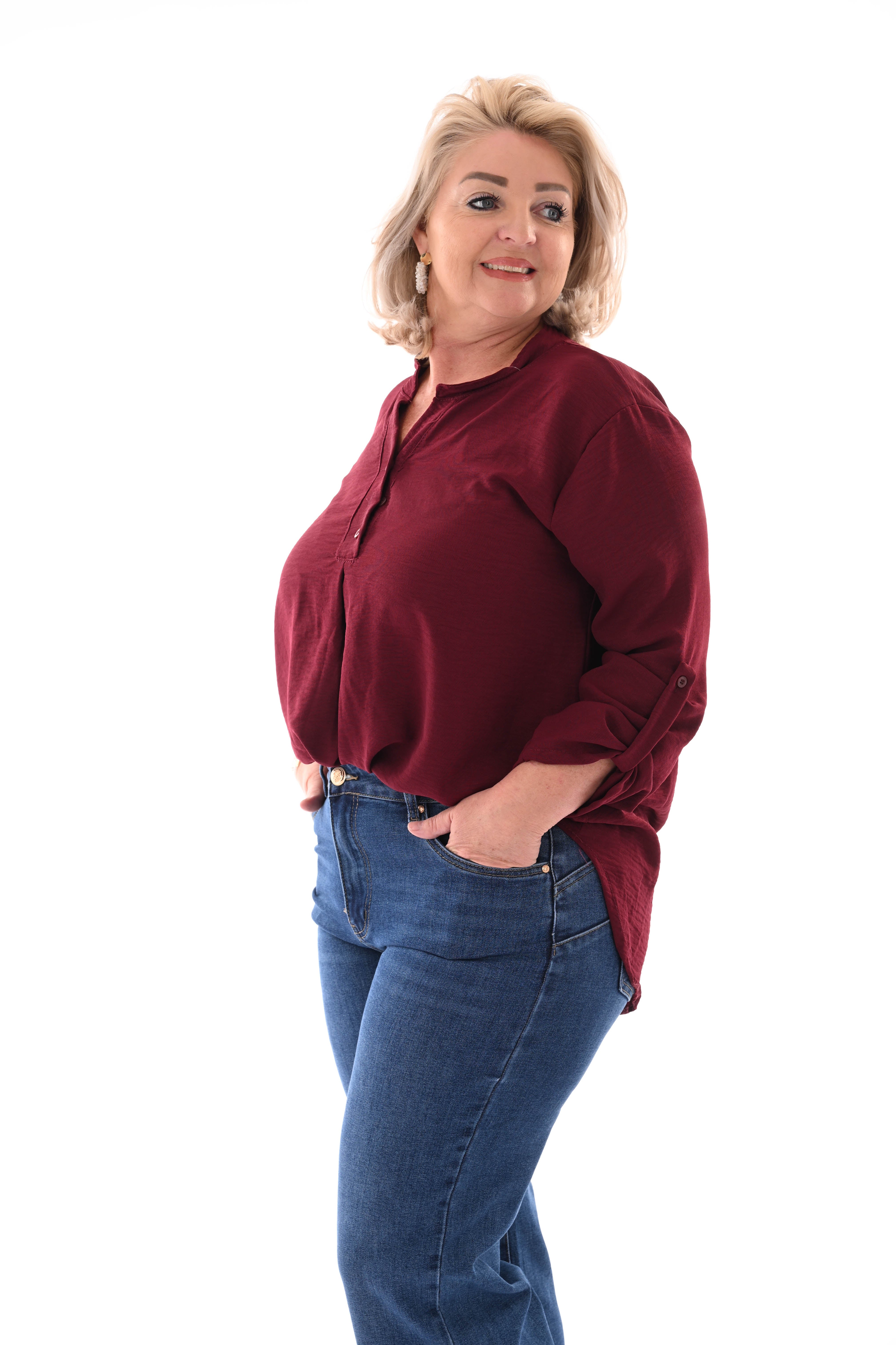 Blouse v-hals met ophaalmouwen uni bordeaux