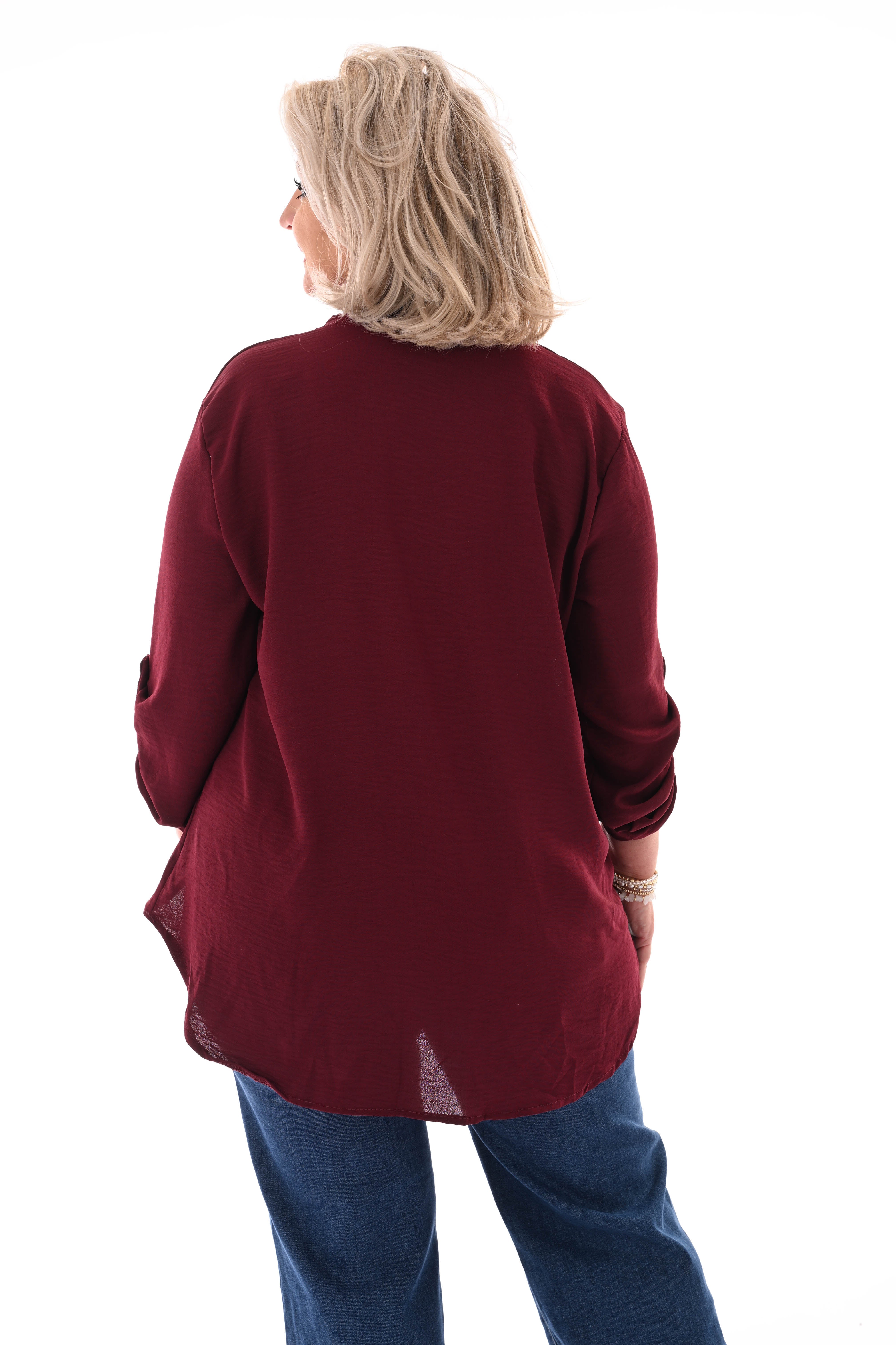 Blouse v-hals met ophaalmouwen uni bordeaux