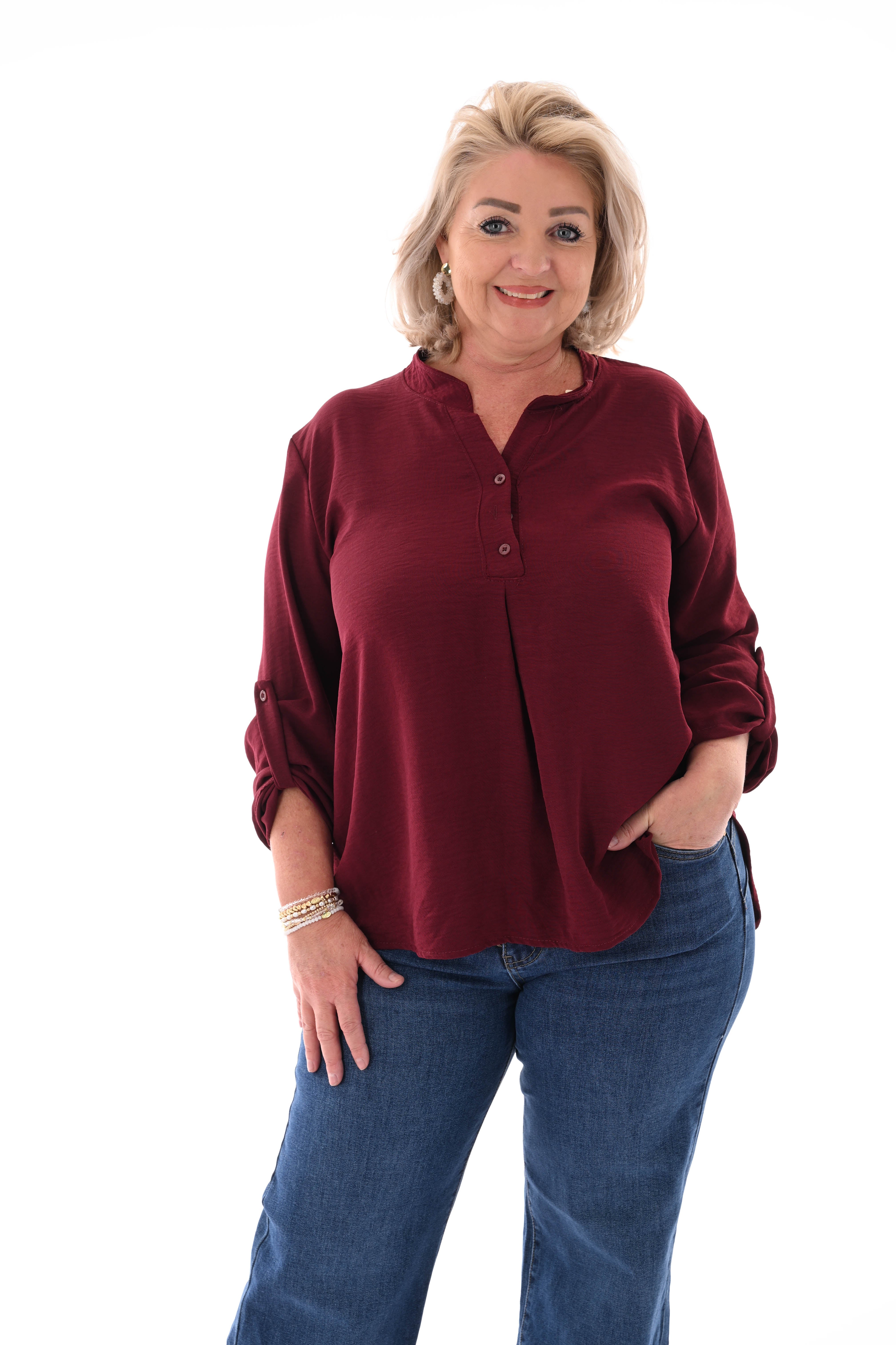 Blouse v-hals met ophaalmouwen uni bordeaux