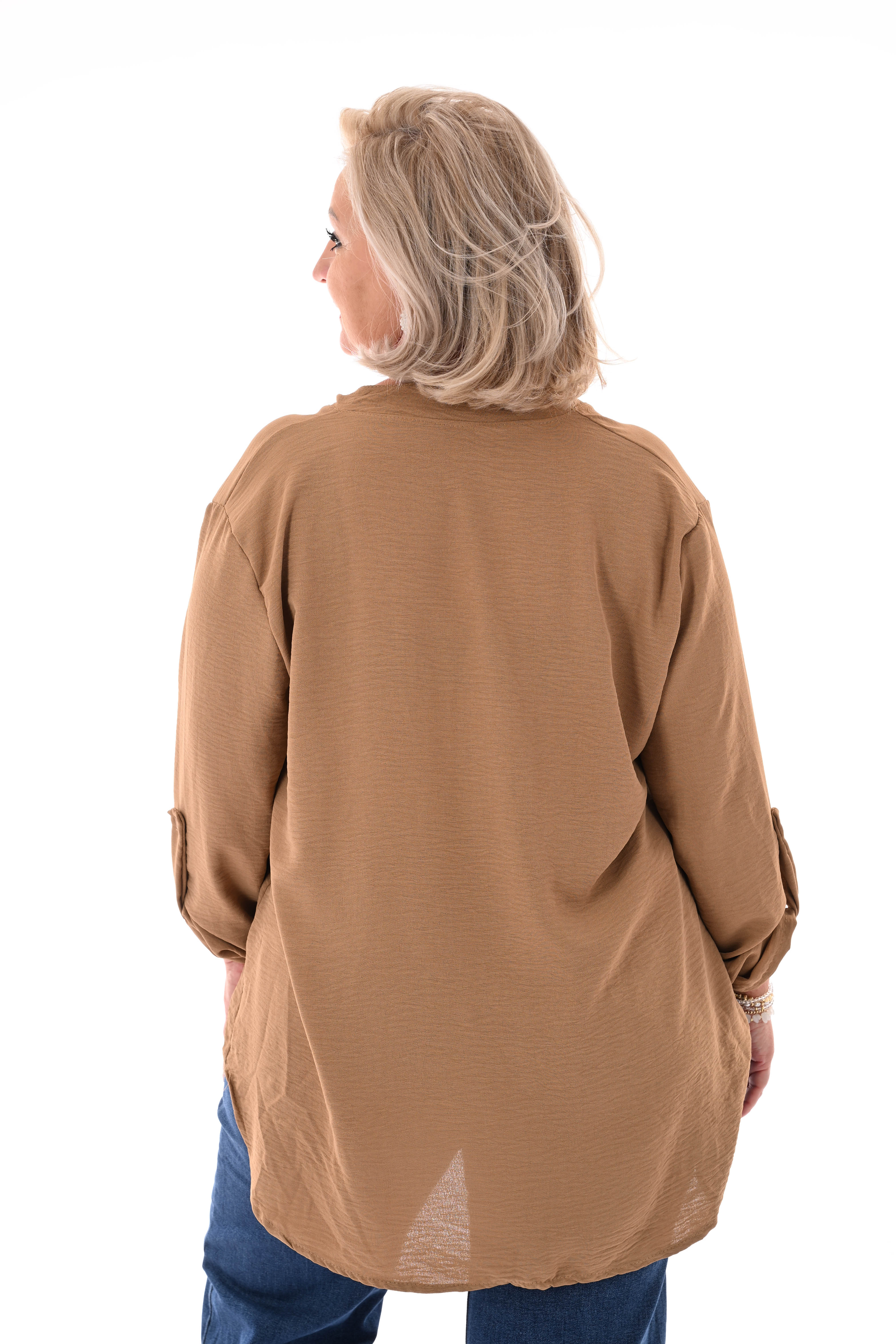 Blouse v-hals met ophaalmouwen uni camel