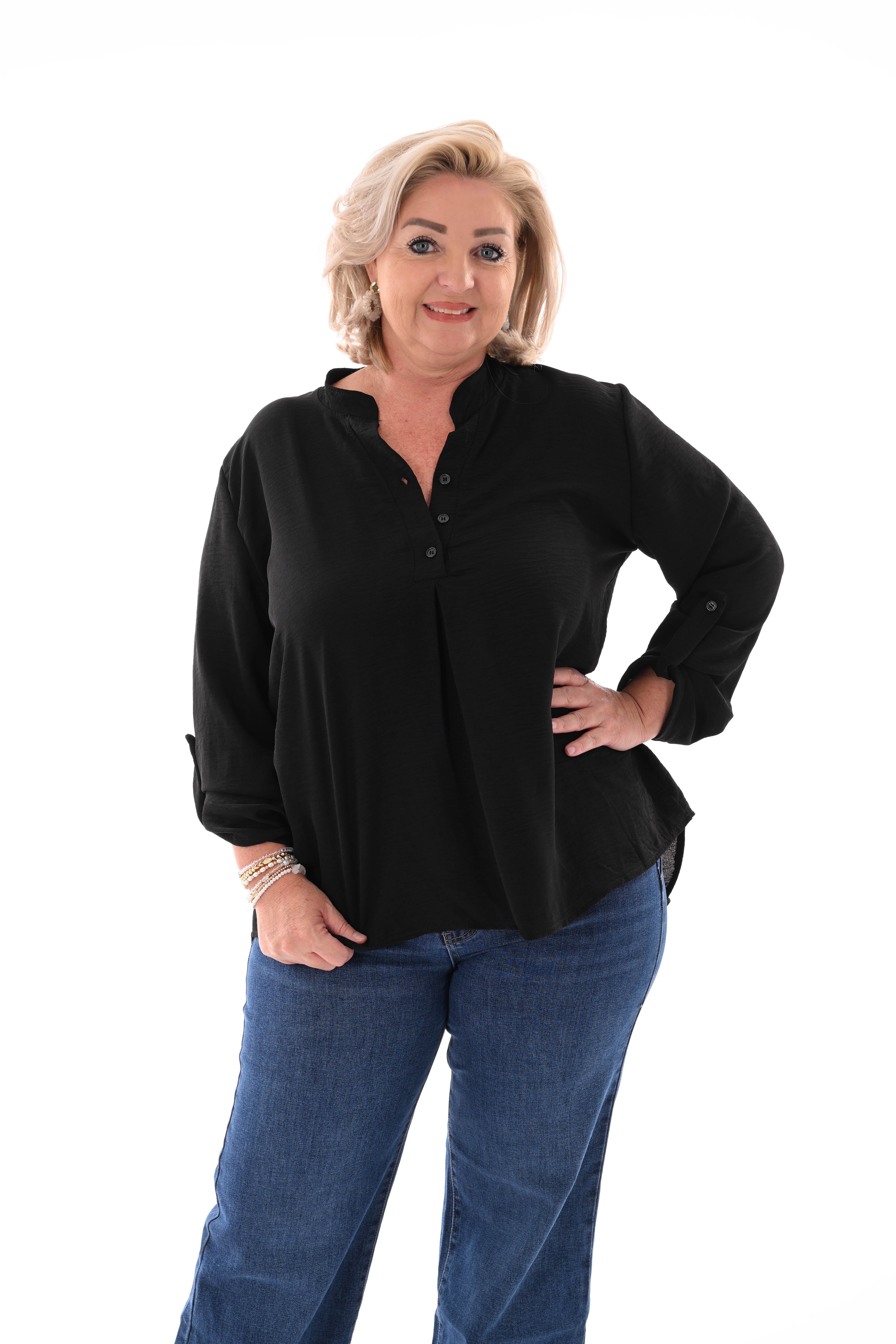 Blouse v-hals met ophaalmouwen uni zwart