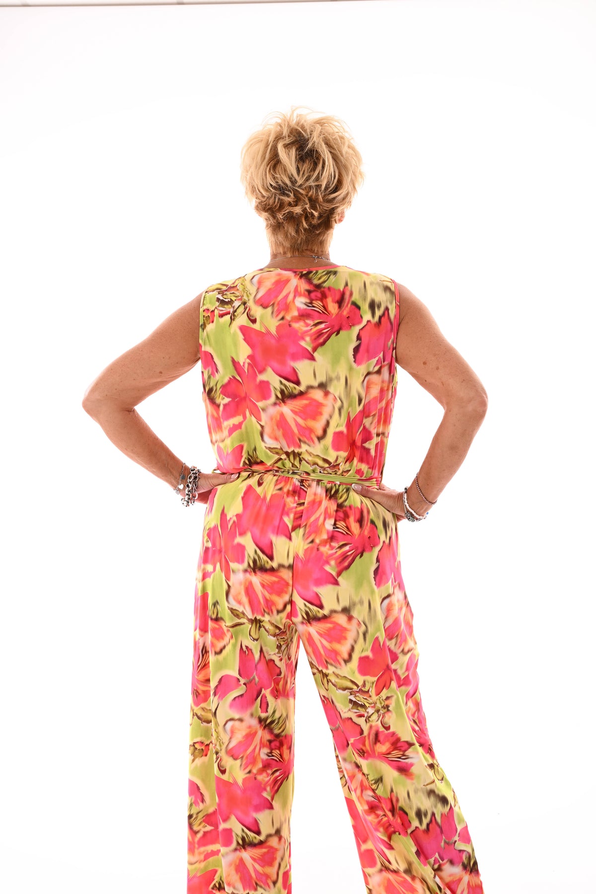 Jumpsuit v-hals print bloemen fuchsia/lime