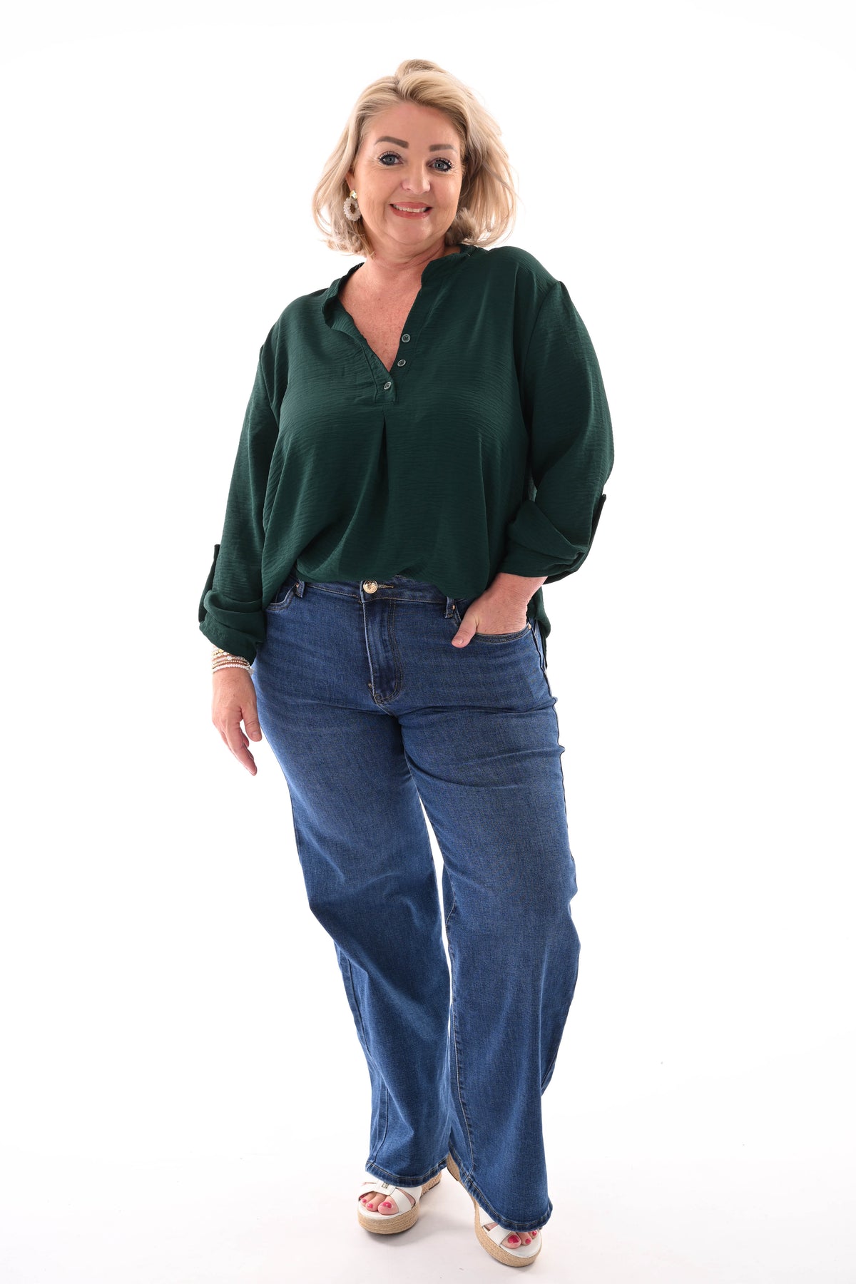 Blouse v-hals met ophaalmouwen uni flessengroen