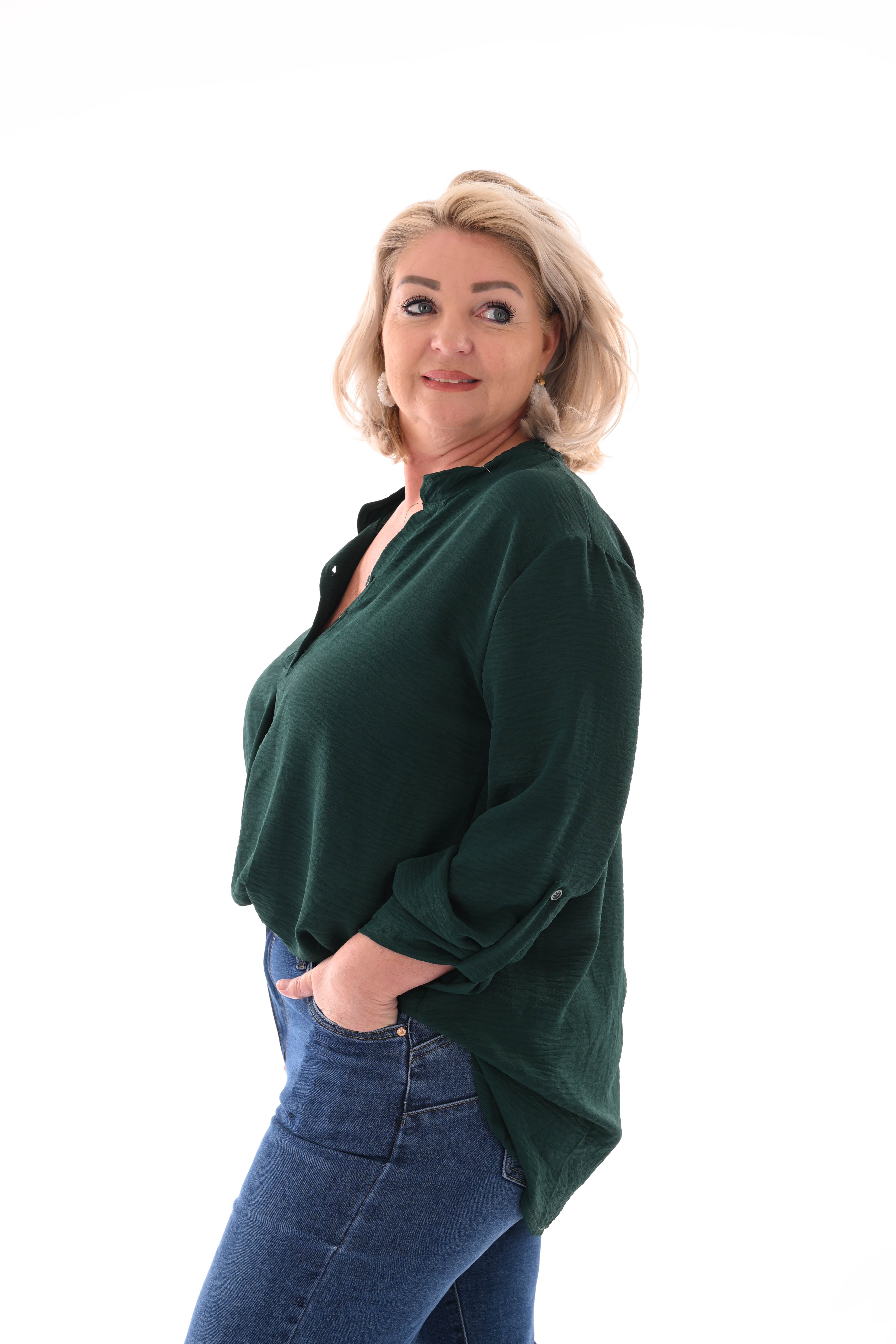 Blouse v-hals met ophaalmouwen uni flessengroen