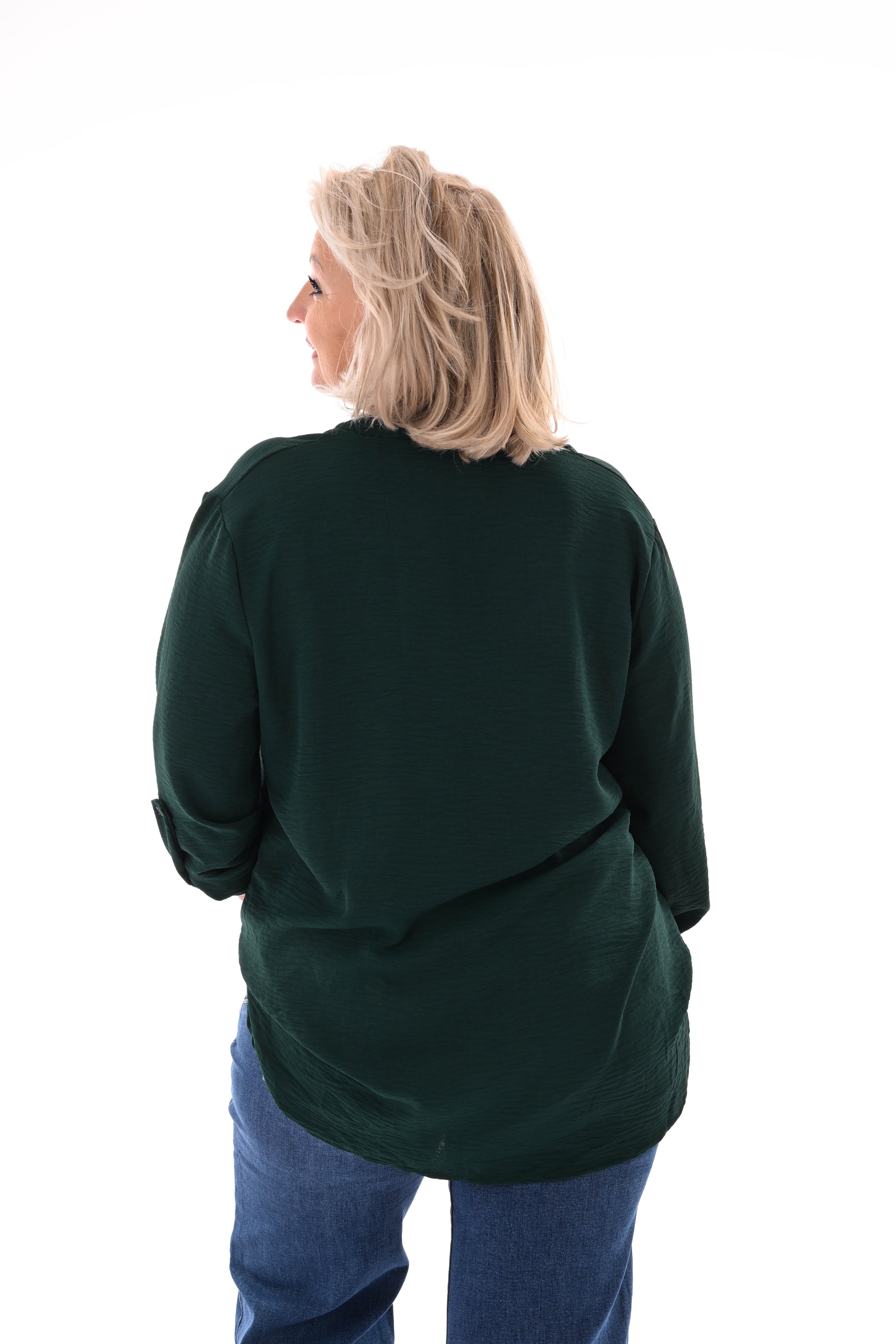 Blouse v-hals met ophaalmouwen uni flessengroen