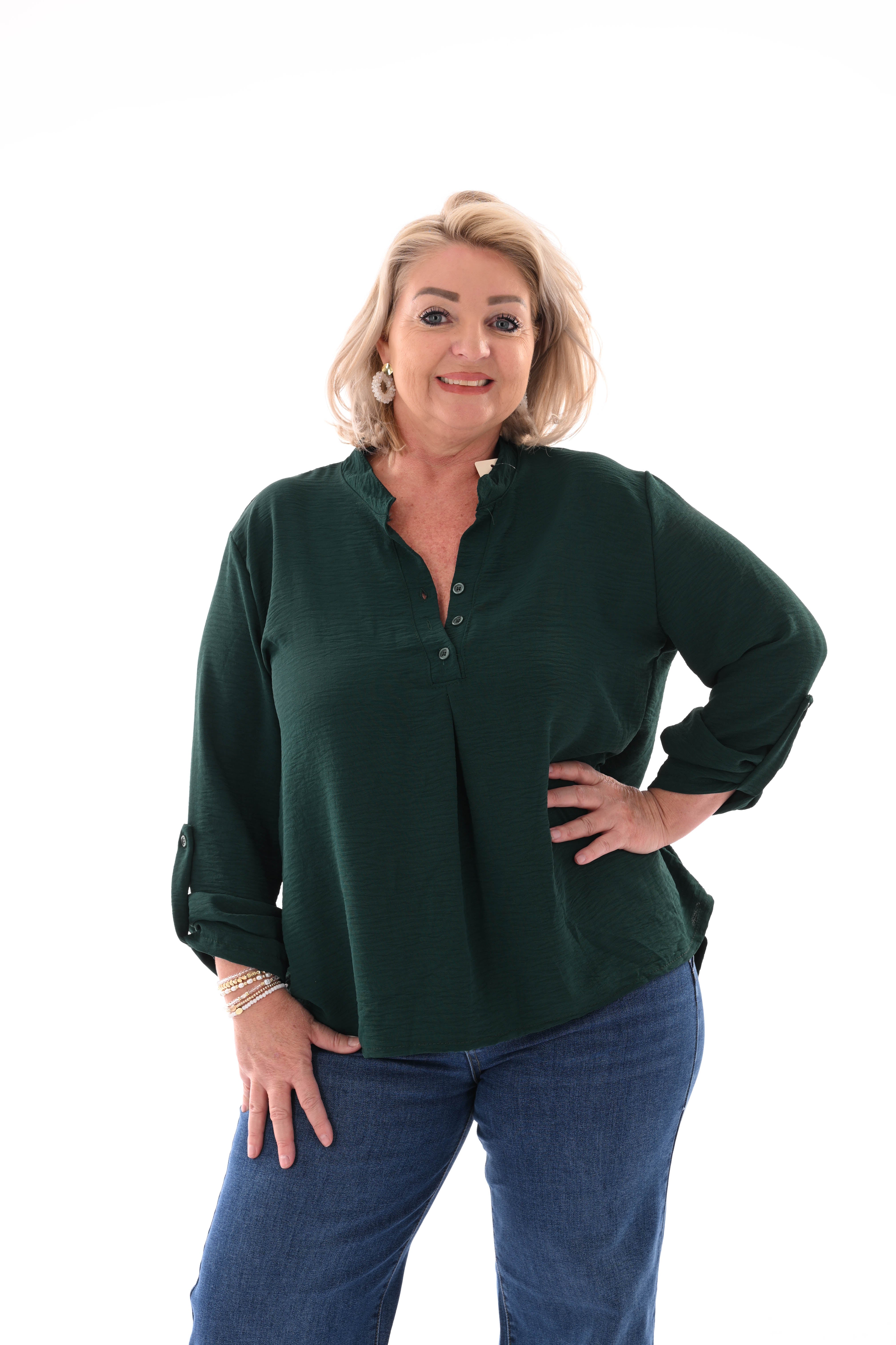 Blouse v-hals met ophaalmouwen uni flessengroen